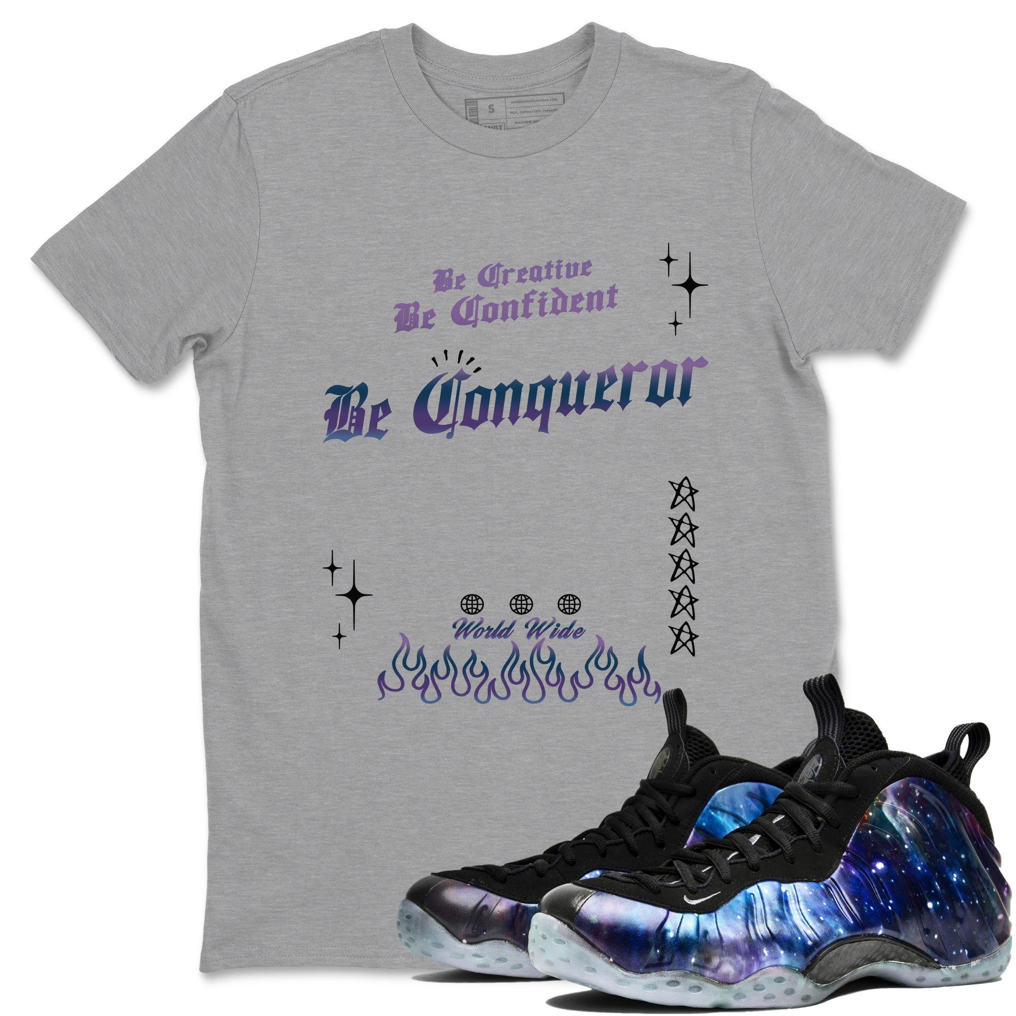 Foams One Galaxy shirts to match jordans Be Conqueror sneaker match tees Air Foamposite One Galaxy match shoes to clothes Drip Gear Zone unisex cotton Heather Grey 1 shirts