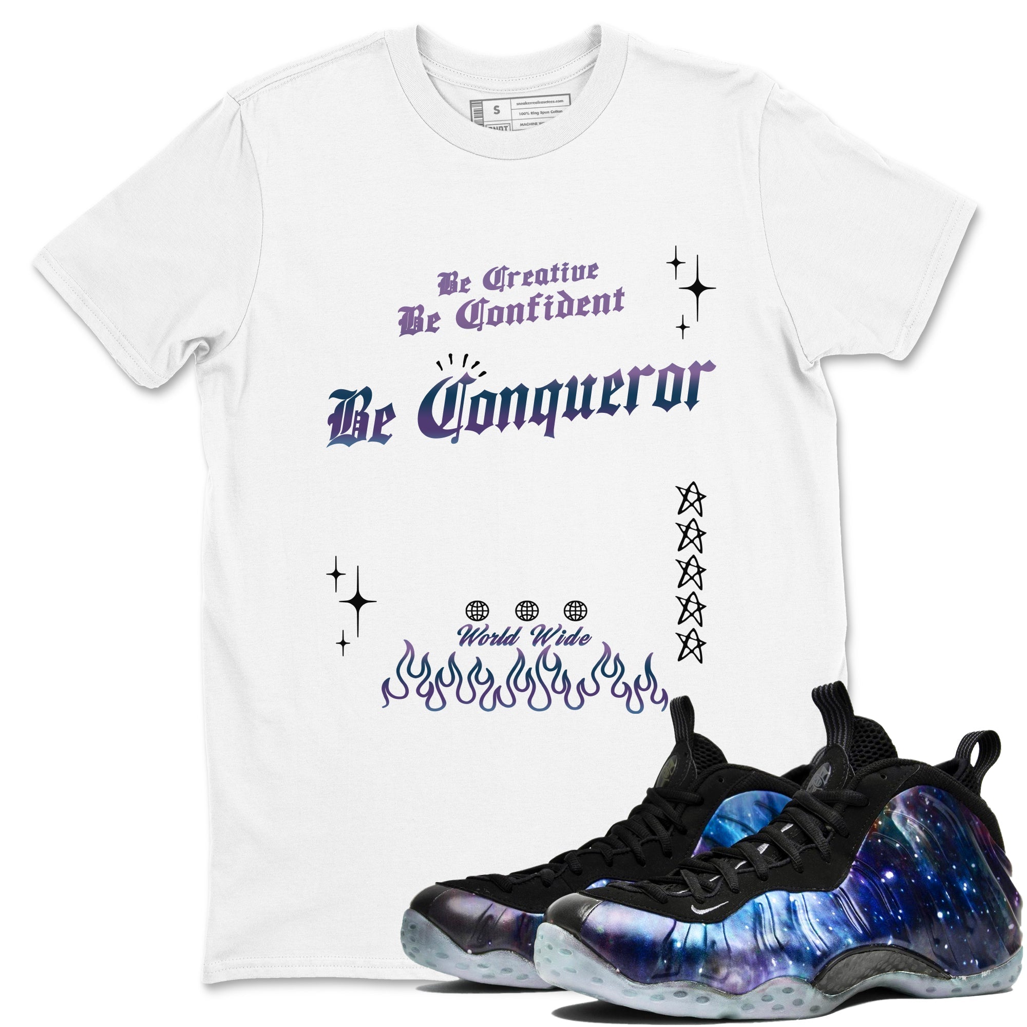 Foams One Galaxy shirts to match jordans Be Conqueror sneaker match tees Air Foamposite One Galaxy match shoes to clothes Drip Gear Zone unisex cotton White 1 shirts