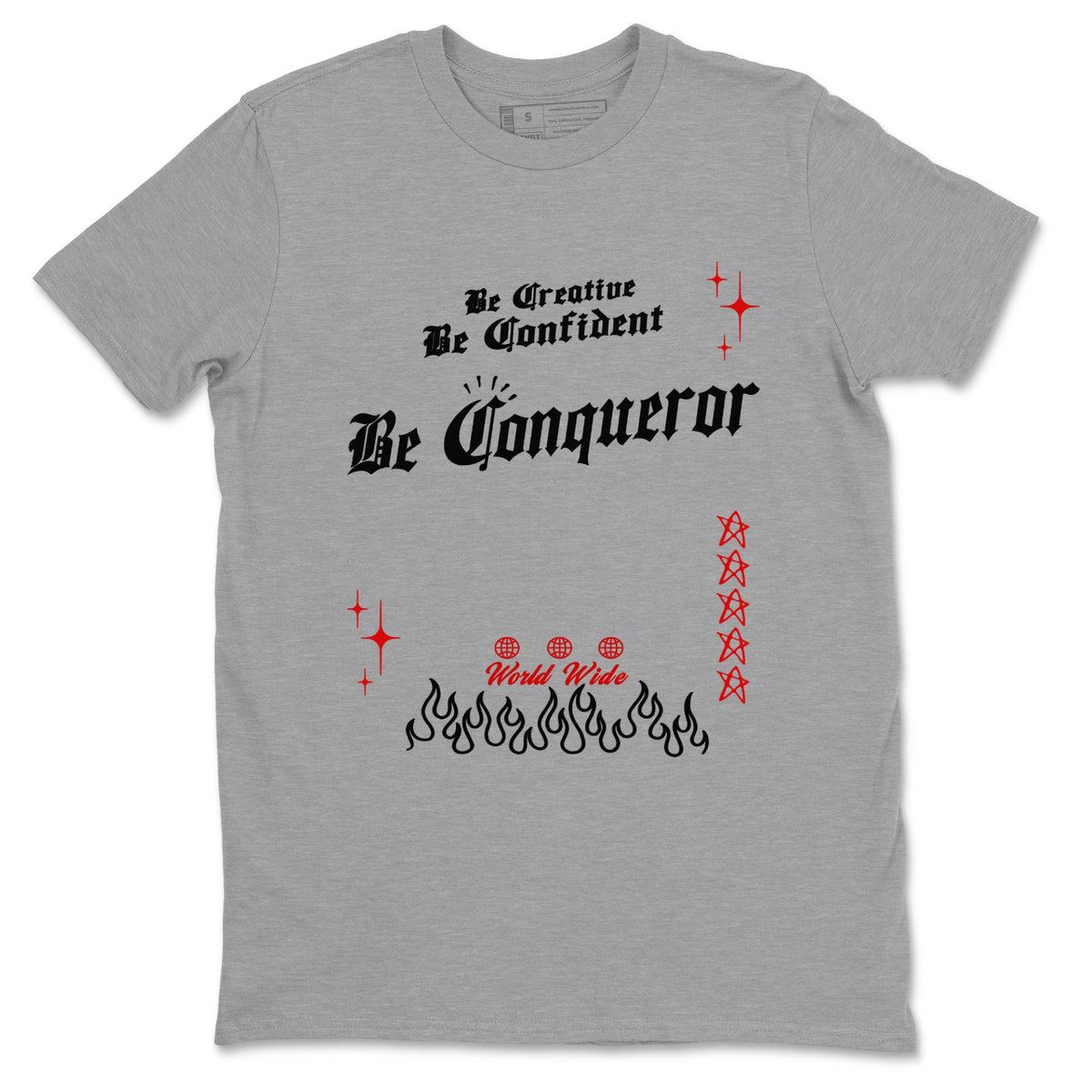 1s Black Toe Reimagined shirts to match jordans Be Conqueror sneaker match tees Air Jordan 1 Black Toe Reimagined match shoes to clothes Drip Gear Zone unisex cotton Heather Grey 2 shirts