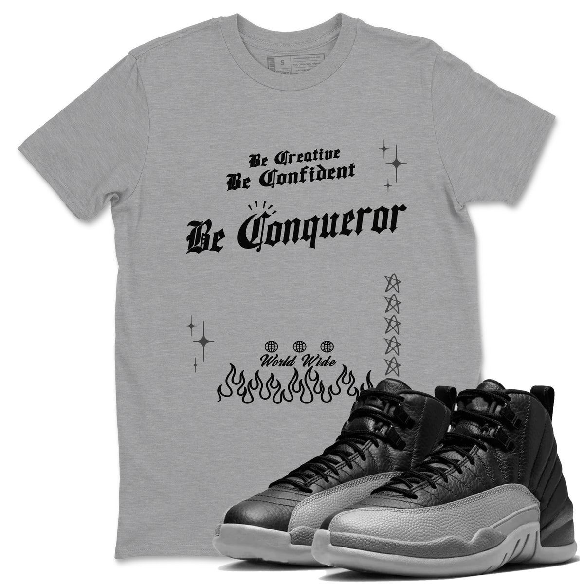 12s Black Wolf Grey shirts to match jordans Be Conqueror sneaker match tees 12s Barons match shoes to clothes Drip Gear Zone unisex cotton Heather Grey 1 shirts