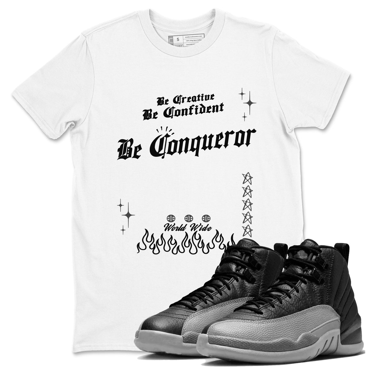 12s Black Wolf Grey shirts to match jordans Be Conqueror sneaker match tees 12s Barons match shoes to clothes Drip Gear Zone unisex cotton White 1 shirts