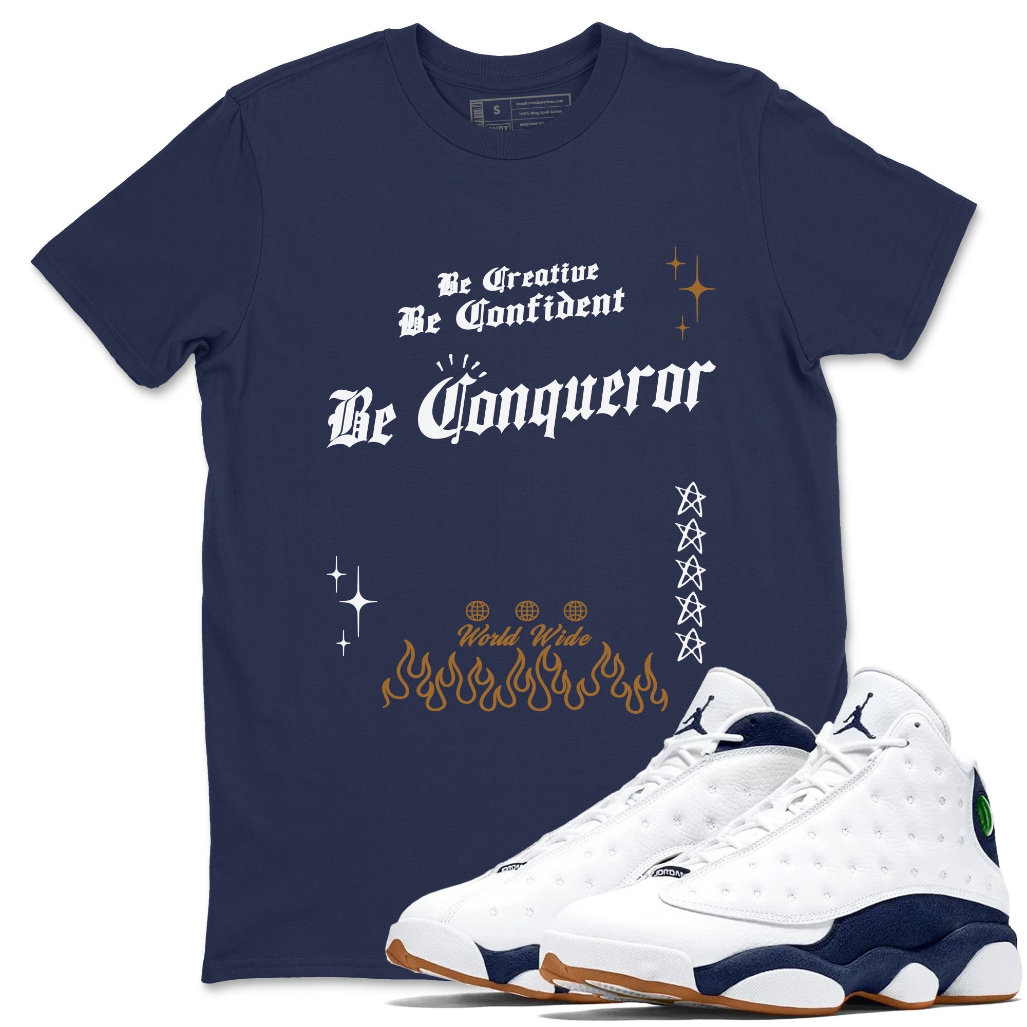 13s Midnight Navy shirts to match jordans Be Conqueror sneaker match tees Air Jordan 13 Midnight Navy match shoes to clothes Drip Gear Zone unisex cotton Navy 1 shirts