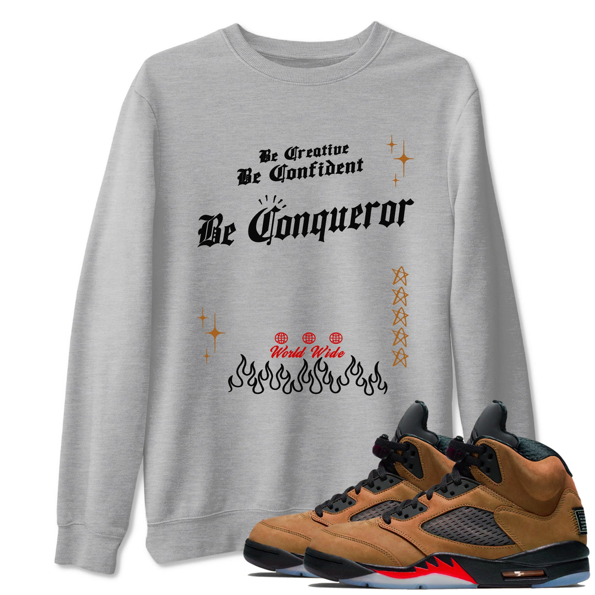 5s Archaeo Brown shirts to match jordans Be Conqueror sneaker match tees Air Jordan 5 Archaeo Brown match shoes to clothes Drip Gear Zone unisex cotton Heather Grey 1 shirts