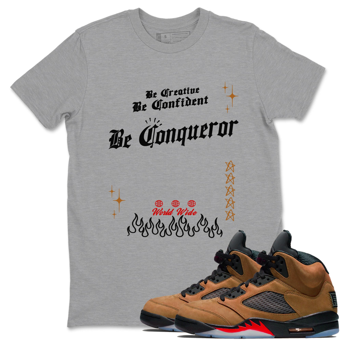 5s Archaeo Brown shirts to match jordans Be Conqueror sneaker match tees Air Jordan 5 Archaeo Brown match shoes to clothes Drip Gear Zone unisex cotton Heather Grey 1 shirts