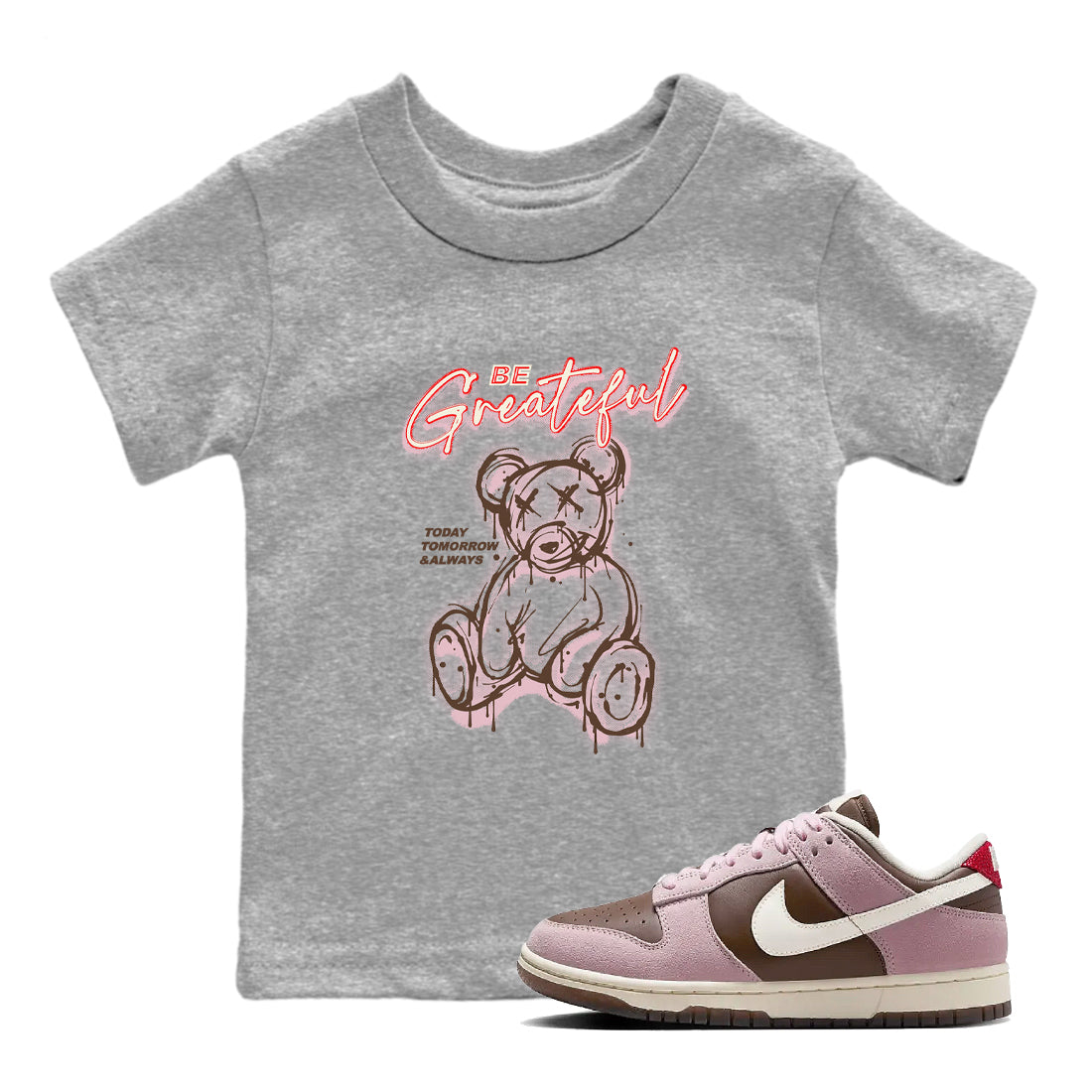 Dunk Cacao Wow And Pink Foam shirts to match jordans Be Grateful sneaker match tees Dunk Cacao Wow And Pink Foam Drip Gear Zone Youth Baby Heather Grey 1 crew neck shirts