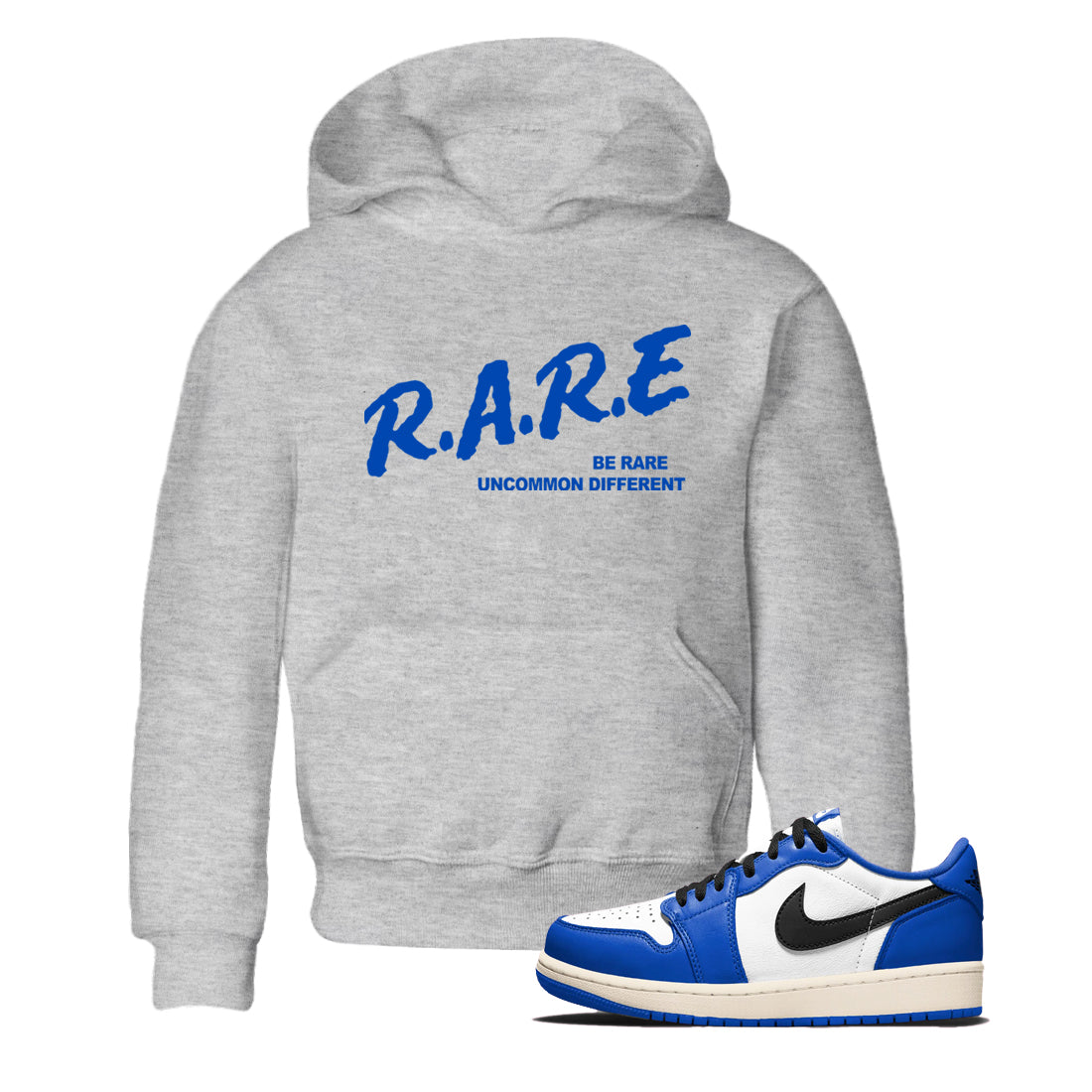 1s Game Royal shirts to match jordans Be Rare Uncommon Different sneaker match tees Air Jordan 1 Game Royal match shoes to clothes Drip Gear Zone Youth Baby Heather Grey 1 tee