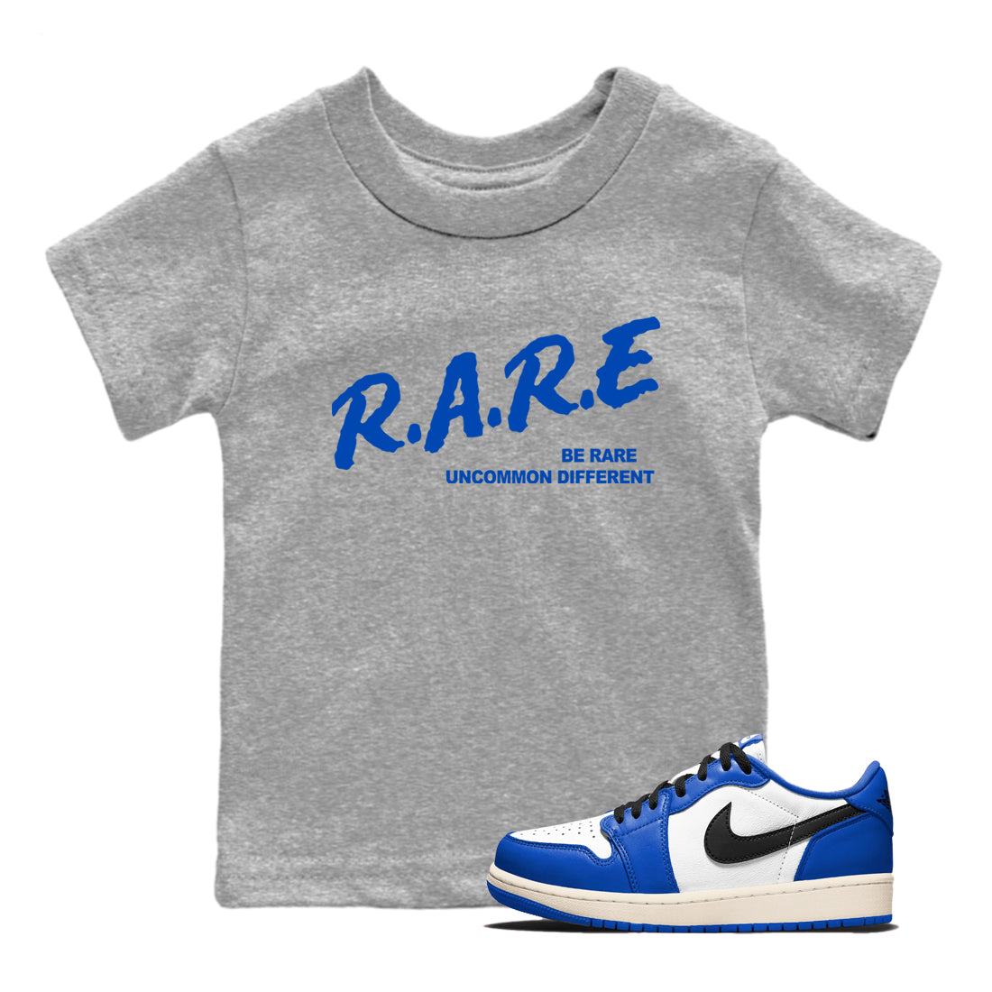 1s Game Royal shirts to match jordans Be Rare Uncommon Different sneaker match tees Air Jordan 1 Game Royal match shoes to clothes Drip Gear Zone Youth Baby Heather Grey 1 tee