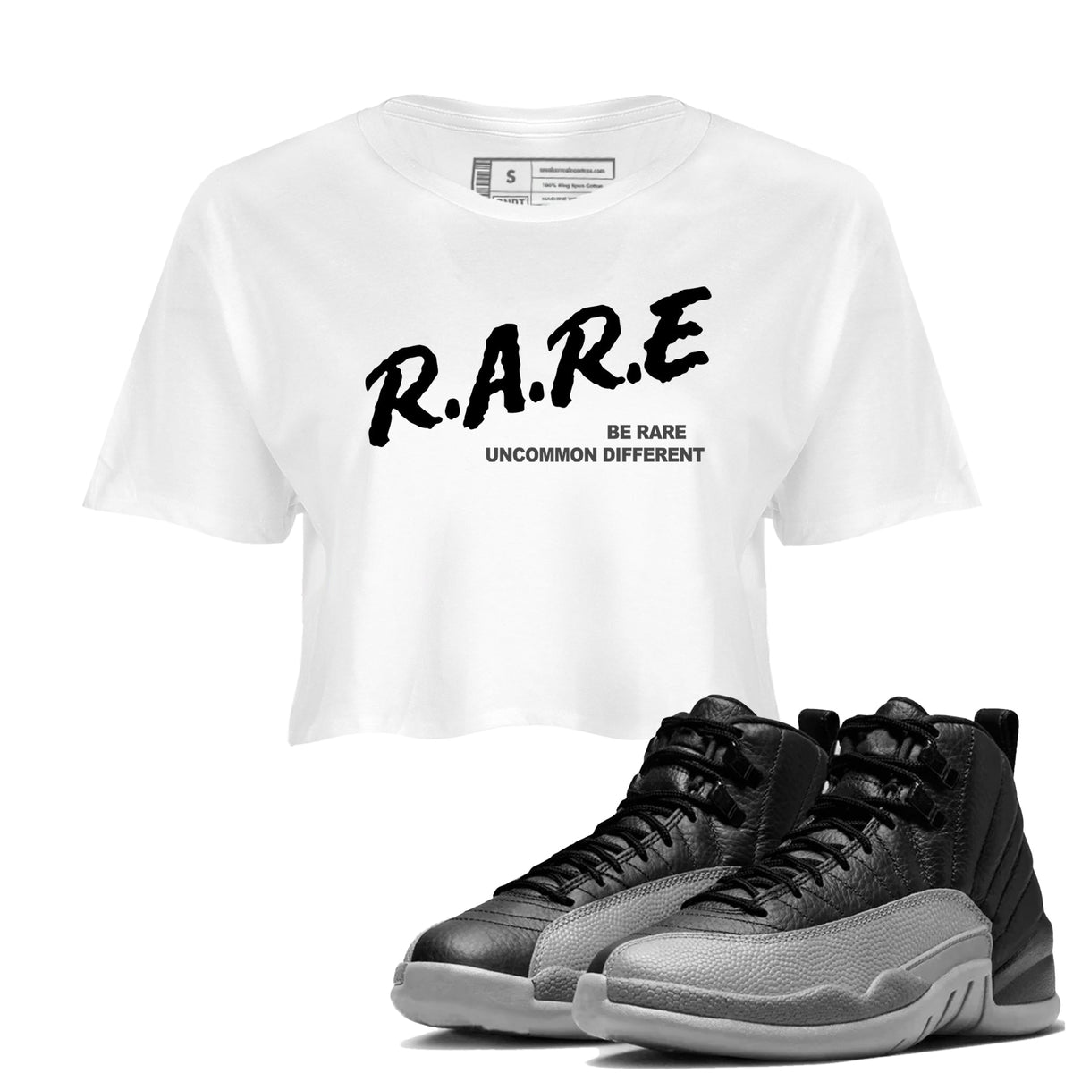 12s Black Wolf Grey shirts to match jordans Be Rare Uncommon Different sneaker match tees Air Jordan 12 Black Wolf Grey match shoes to clothes Drip Gear Zone unisex cotton White 1 crop tee