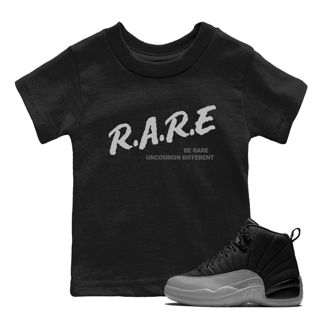 12s Black Wolf Grey shirts to match jordans Be Rare Uncommon Different sneaker match tees Air Jordan 12 Black Wolf Grey match shoes to clothes Drip Gear Zone Youth Baby Black 1 tee
