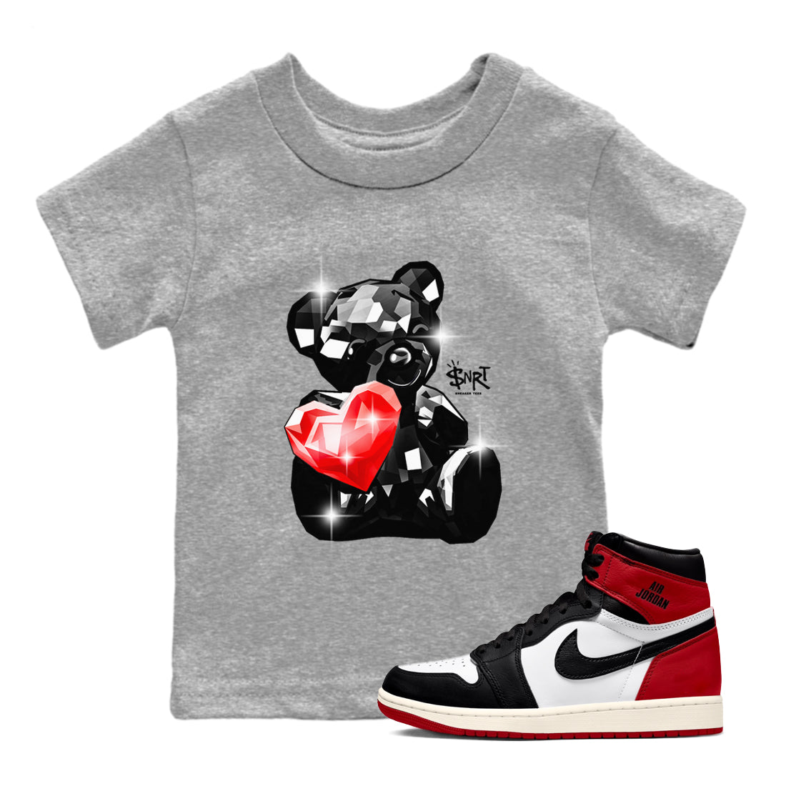 1s Black Toe Reimagined shirts to match jordans Bear Germs sneaker match tees Air Jordan 1 Black Toe Reimagined match shoes to clothes Drip Gear Zone Youth Baby Heather Grey 1 tee