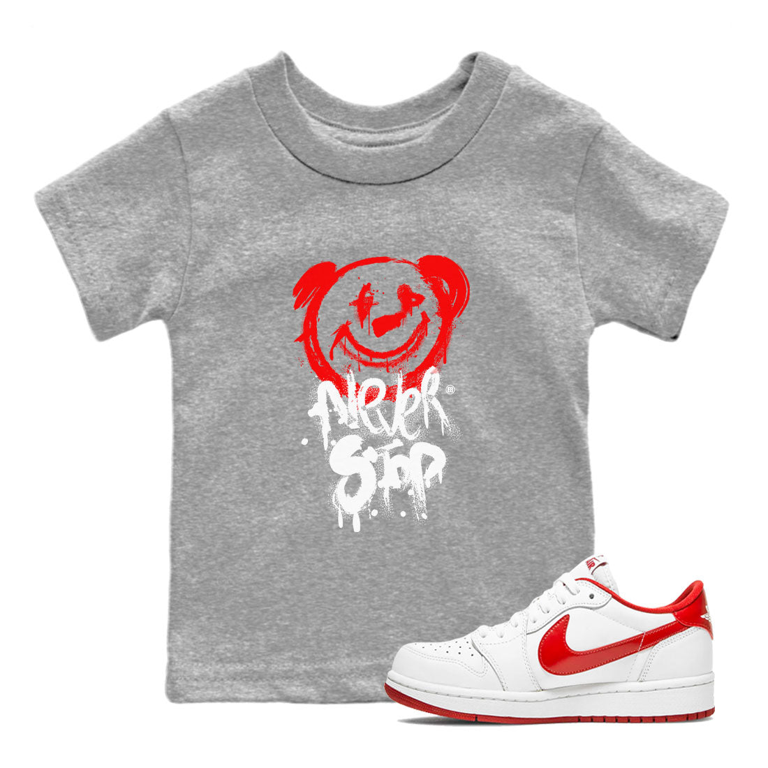 Jordan 1 University Red shirt to match jordans Bear Never Stop sneaker tees Air Jordan 1 University Red Drip Gear Zone Baby Toddler Heather Grey 1 T-Shirt