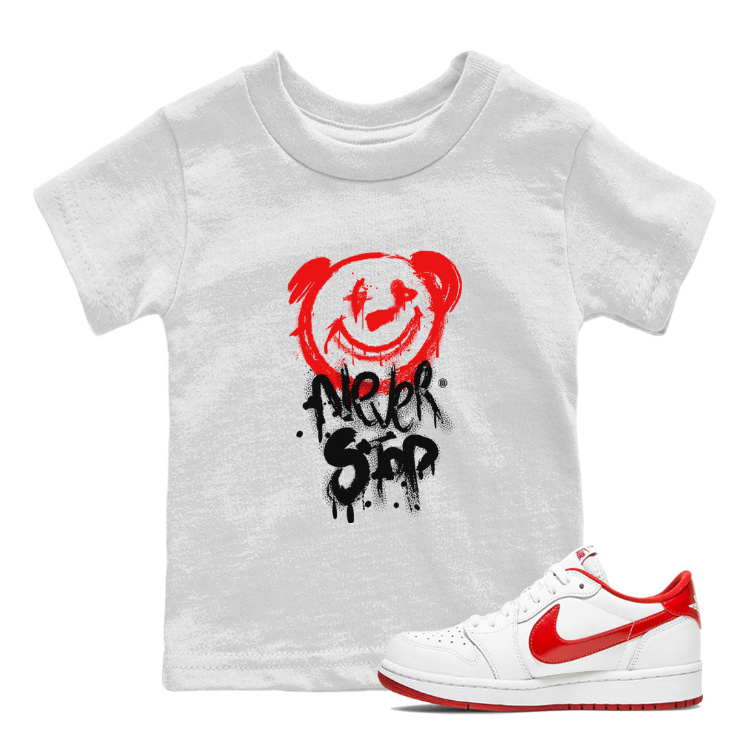 Jordan 1 University Red shirt to match jordans Bear Never Stop sneaker tees Air Jordan 1 University Red Drip Gear Zone Baby Toddler White 1 T-Shirt