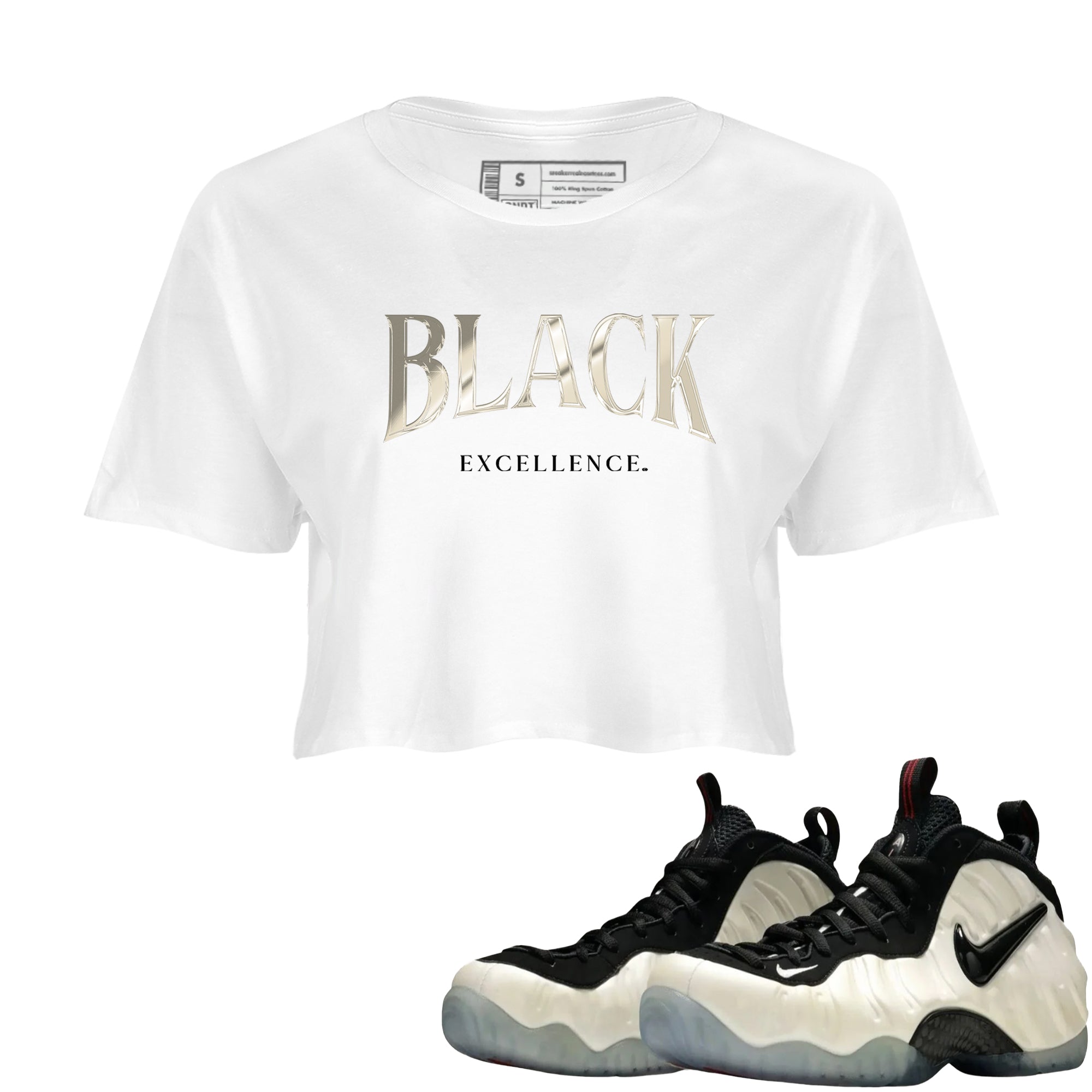 Sneaker Threads  Sneaker Tees To Match Air Foamposite One Pearl  Black Excellence Crop Tee White 1. Perfect for Jordan releases 2025 colorways.