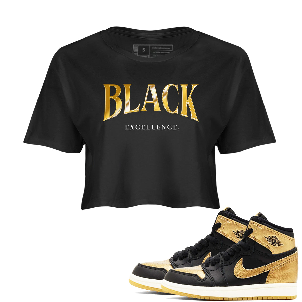 1s Black Metallic Gold shirts to match jordans Black Excellence sneaker match tees Air Jordan 1 Black Metallic Gold Drip Gear Zone unisex cotton Black 1 Crop Shirts