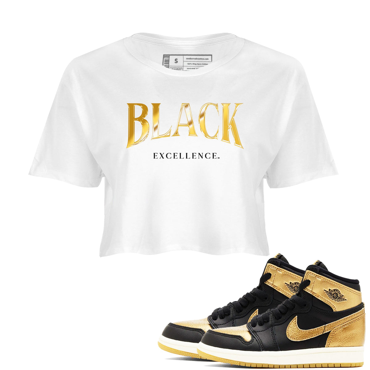 1s Black Metallic Gold shirts to match jordans Black Excellence sneaker match tees Air Jordan 1 Black Metallic Gold Drip Gear Zone unisex cotton White 1 Crop Shirts