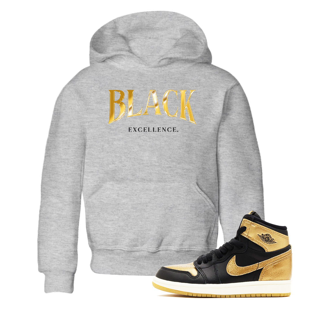 1s Black Metallic Gold shirts to match jordans Black Excellence sneaker match tees Air Jordan 1 Black Metallic Gold Drip Gear Zone Youth Baby Heather Grey 1 crew neck shirts