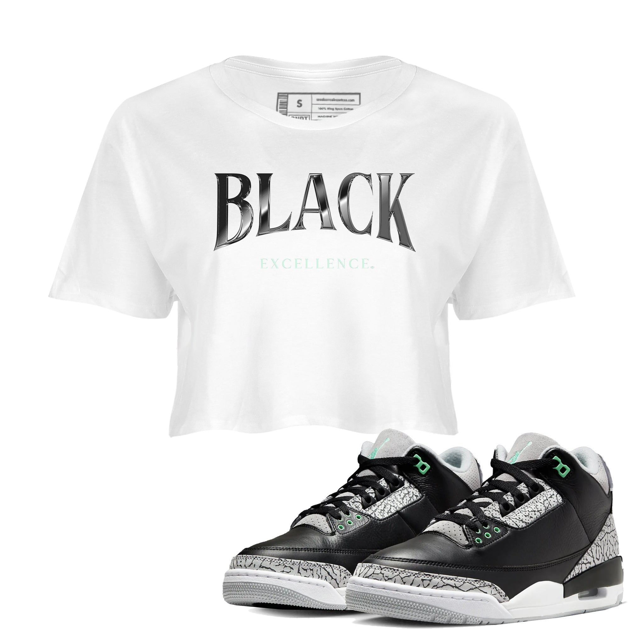 3s Green Glow shirt to match jordans Black Excellence sneaker tees Air Jordan 3 Green Glow Drip Gear Zone White 1 crop length shirt
