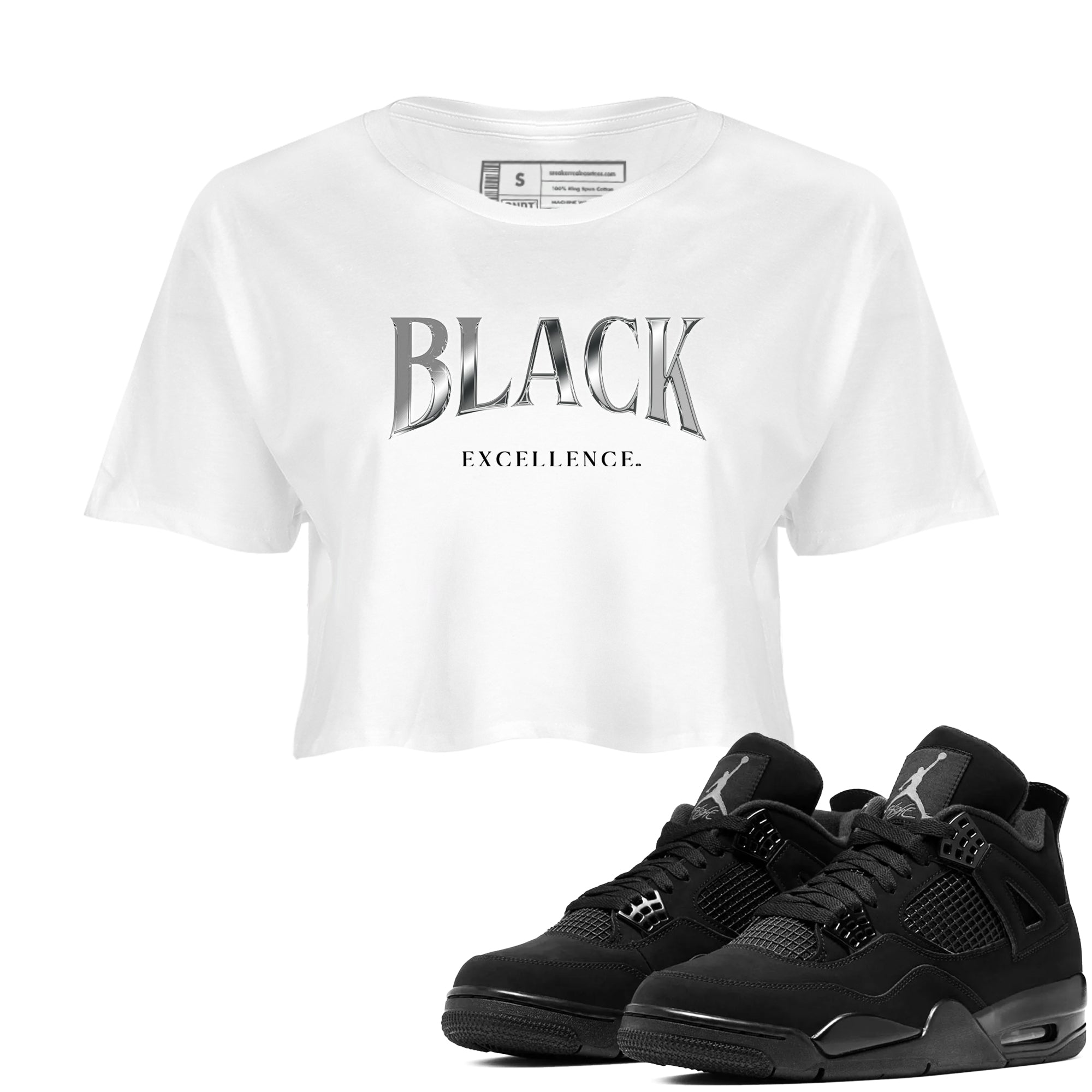 Sneaker Threads  Sneaker Tees To Match Air Jordan 4 Black Cat  Black Excellence Crop Tee White 1. Perfect for Jordan releases 2025 colorways.