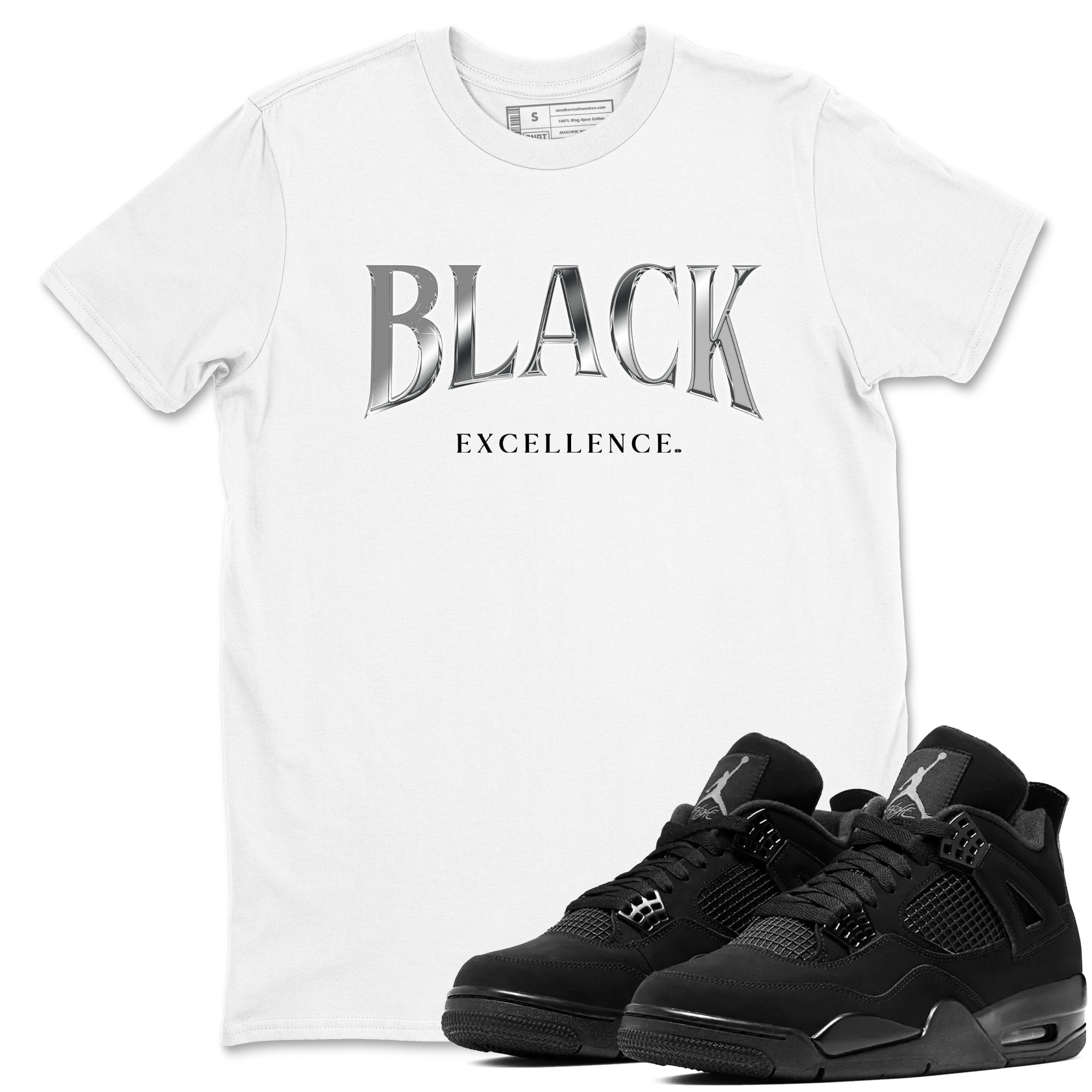 Sneaker Threads  Sneaker Tees To Match Air Jordan 4 Black Cat  Black Excellence Graphic Tee White 1. Perfect for Jordan releases 2025 colorways.