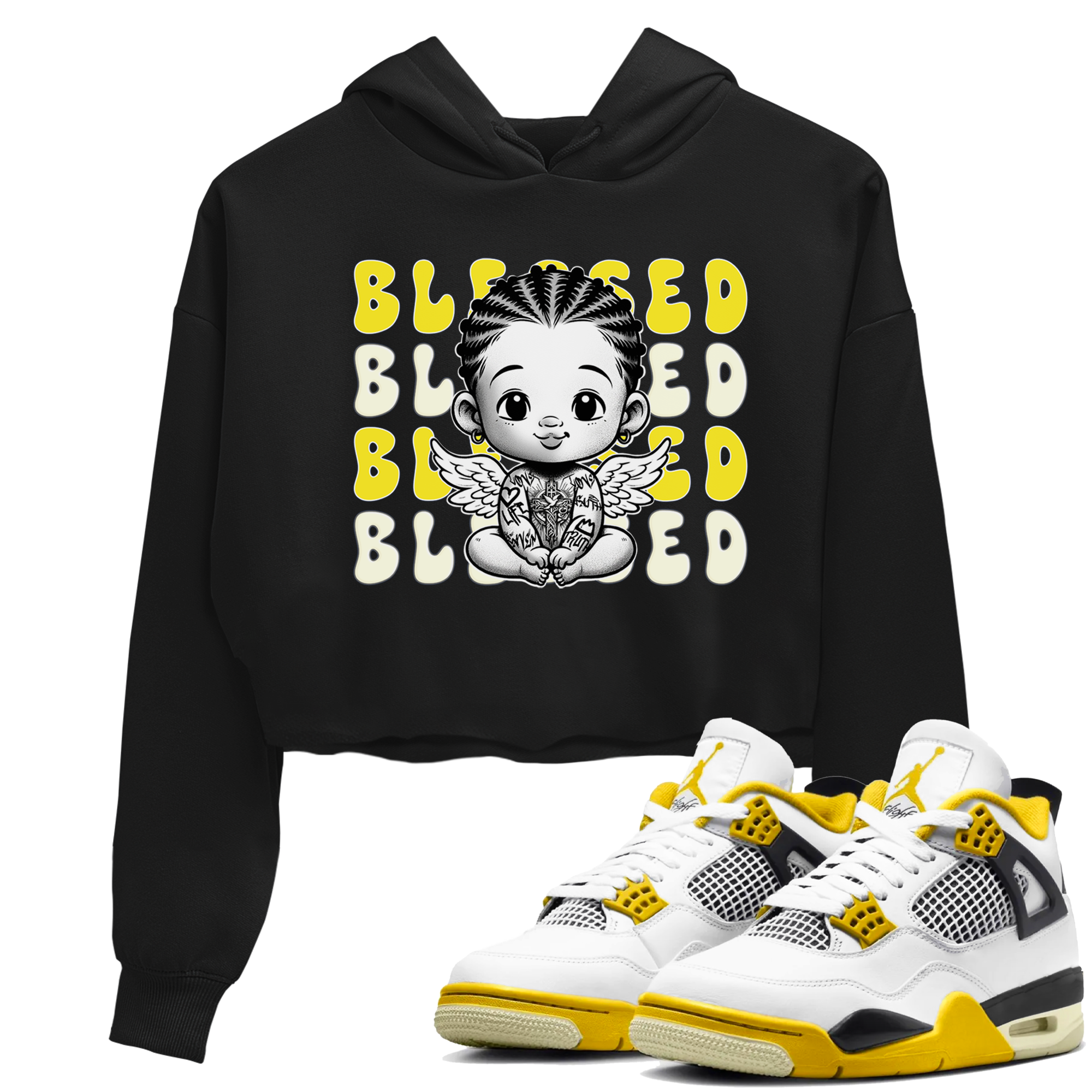 Air Jordan 4 Vivid Sulfur shirt to match jordans Blessed sneaker tees 4s Vivid Sulfur Drip Gear Zone Black 1 crop length shirt