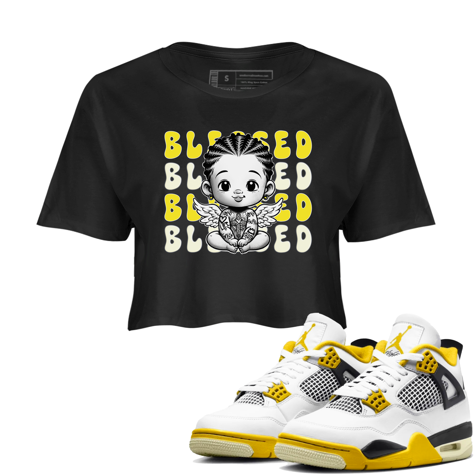 Air Jordan 4 Vivid Sulfur shirt to match jordans Blessed sneaker tees 4s Vivid Sulfur Drip Gear Zone Black 1 crop length shirt