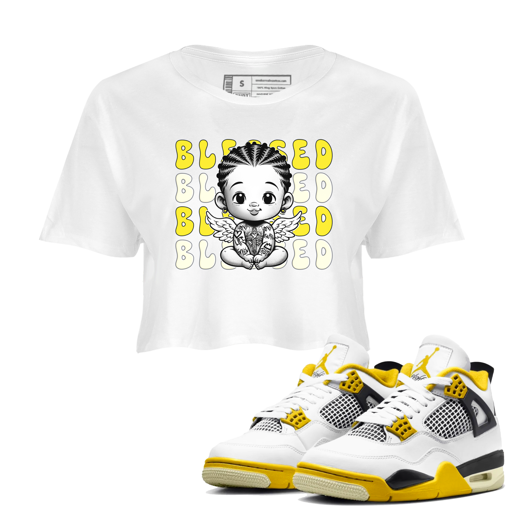 Air Jordan 4 Vivid Sulfur shirt to match jordans Blessed sneaker tees 4s Vivid Sulfur Drip Gear Zone White 1 crop length shirt