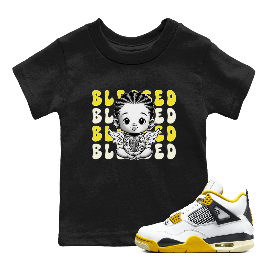 Air Jordan 4 Vivid Sulfur shirt to match jordans Blessed sneaker tees 4s Vivid Sulfur Drip Gear Zone baby toddler Black 1 cotton Shirt