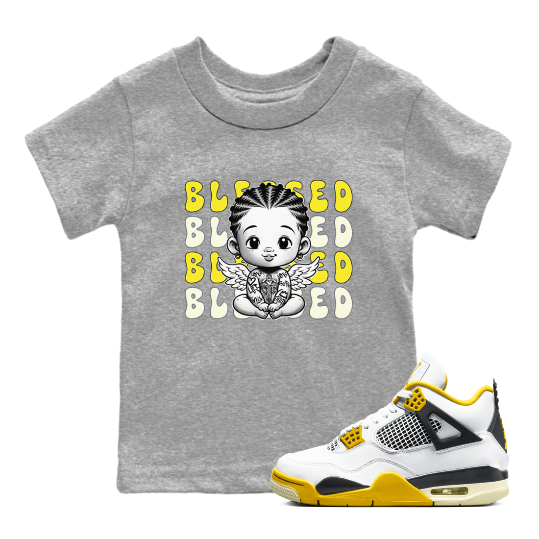 Air Jordan 4 Vivid Sulfur shirt to match jordans Blessed sneaker tees 4s Vivid Sulfur Drip Gear Zone baby toddler Heather Grey 1 cotton Shirt