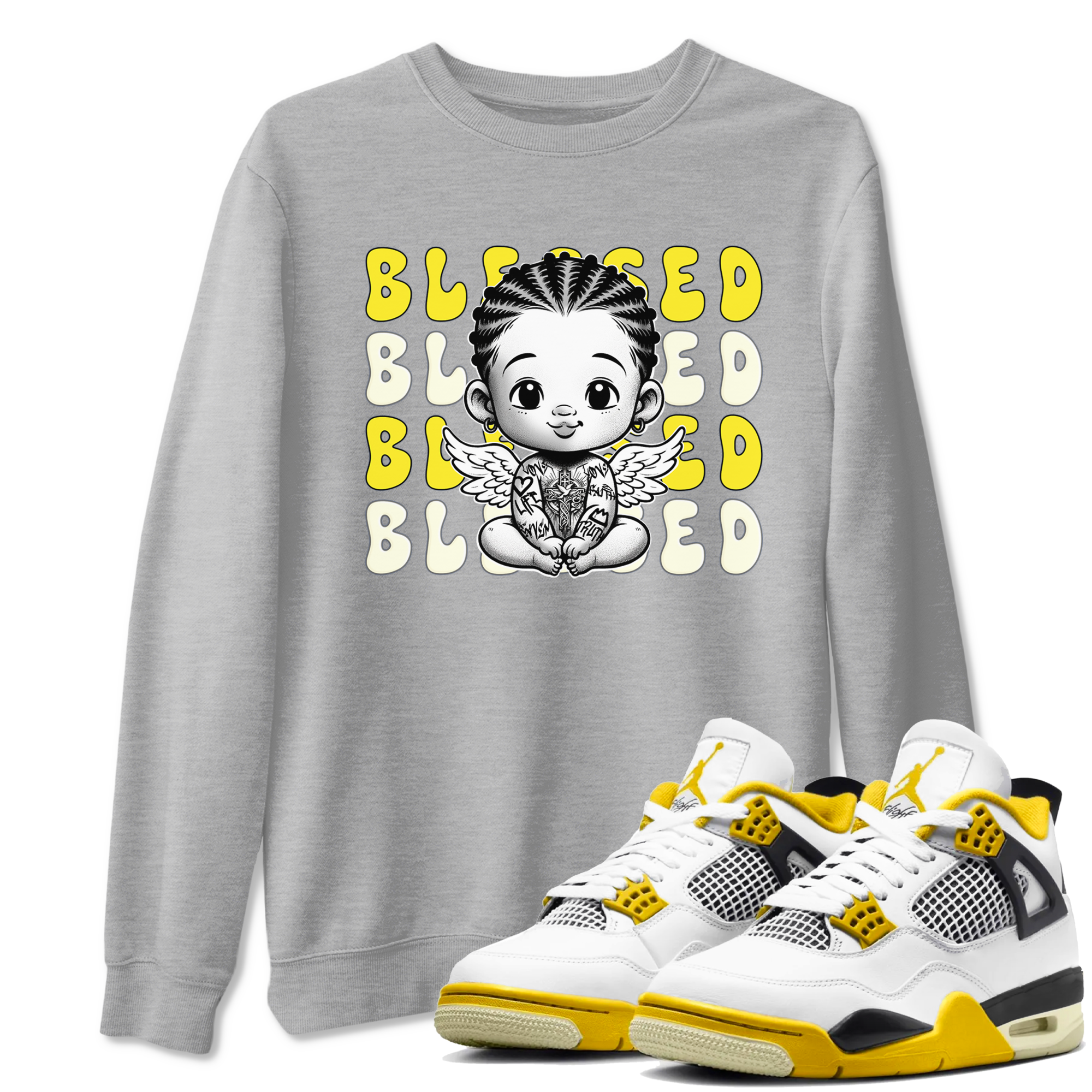 Air Jordan 4 Vivid Sulfur shirt to match jordans Blessed sneaker tees 4s Vivid Sulfur Drip Gear Zone unisex cotton Heather Grey 1 crew neck shirt
