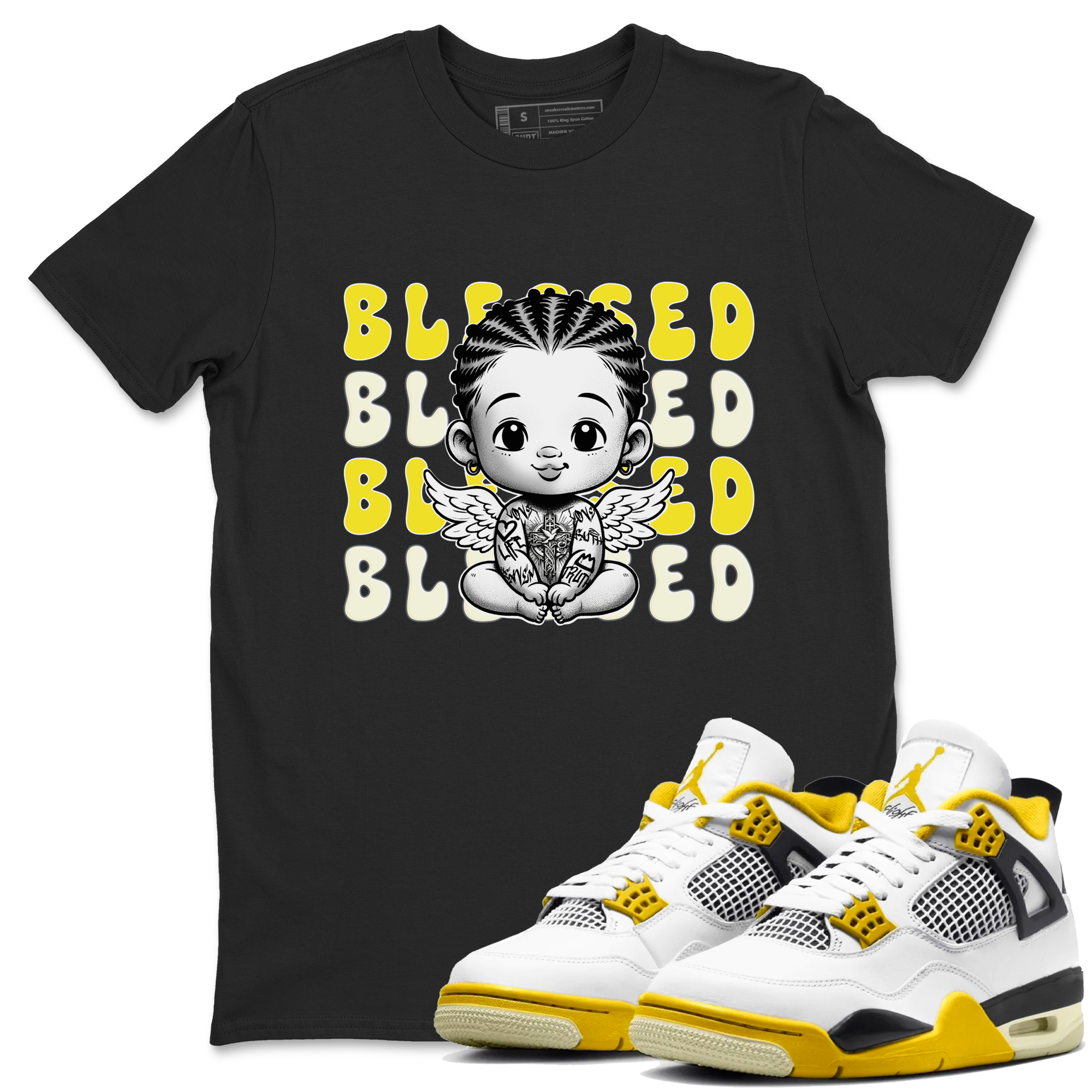 Air Jordan 4 Vivid Sulfur shirt to match jordans Blessed sneaker tees 4s Vivid Sulfur Drip Gear Zone unisex cotton Black 1 crew neck shirt