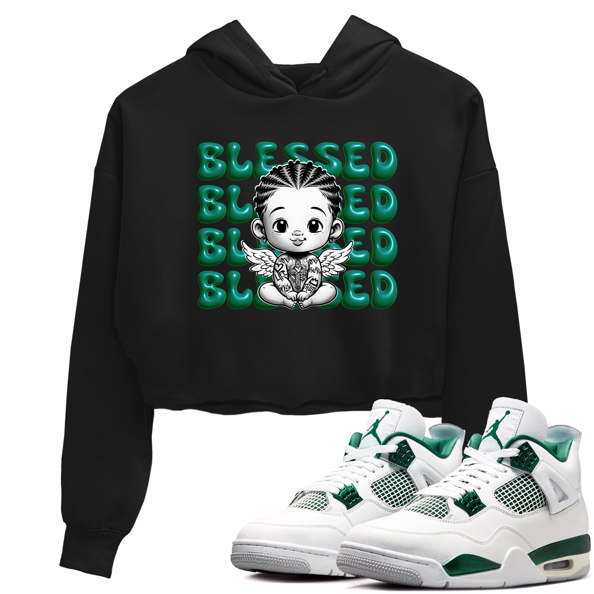 Air Jordan 4 Retro Oxidized Green shirts to match jordans Blessed Baby sneaker match tees Air Jordan 4 Oxidized Green Drip Gear Zone streetwear brand Black 1 crop tee