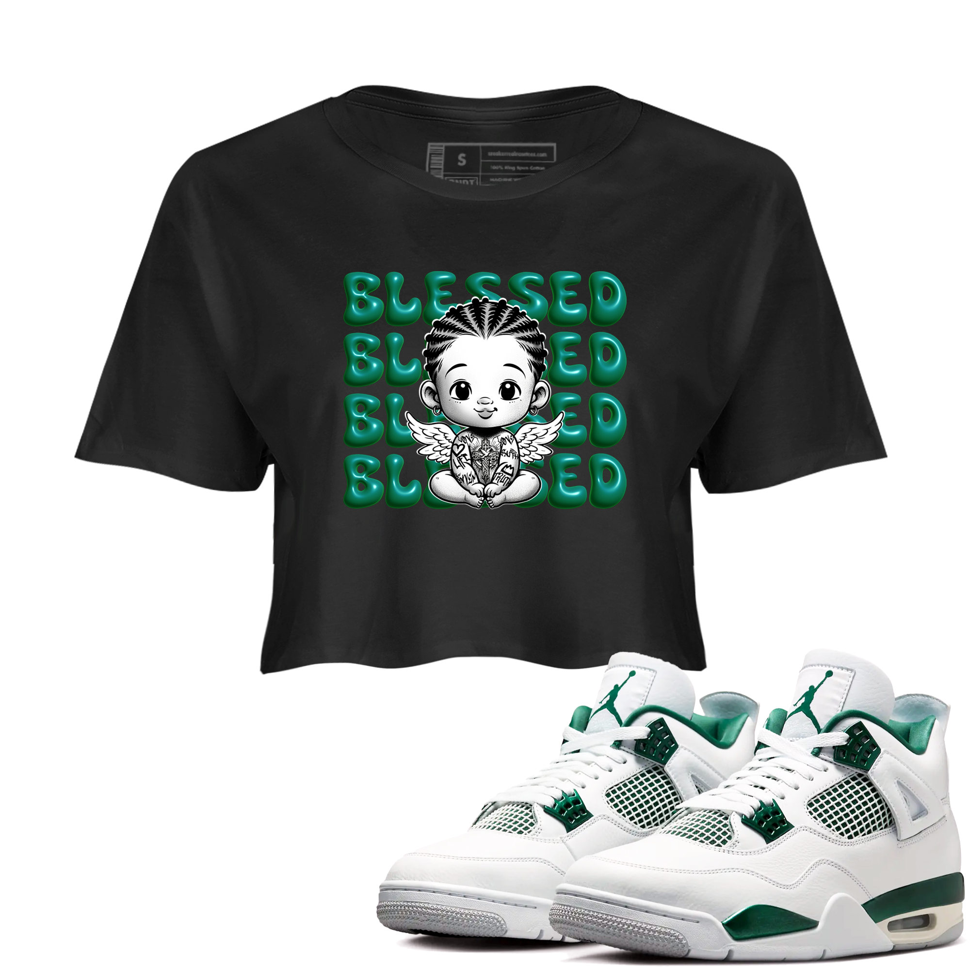 Air Jordan 4 Retro Oxidized Green shirts to match jordans Blessed Baby sneaker match tees Air Jordan 4 Oxidized Green Drip Gear Zone streetwear brand Black 1 crop tee