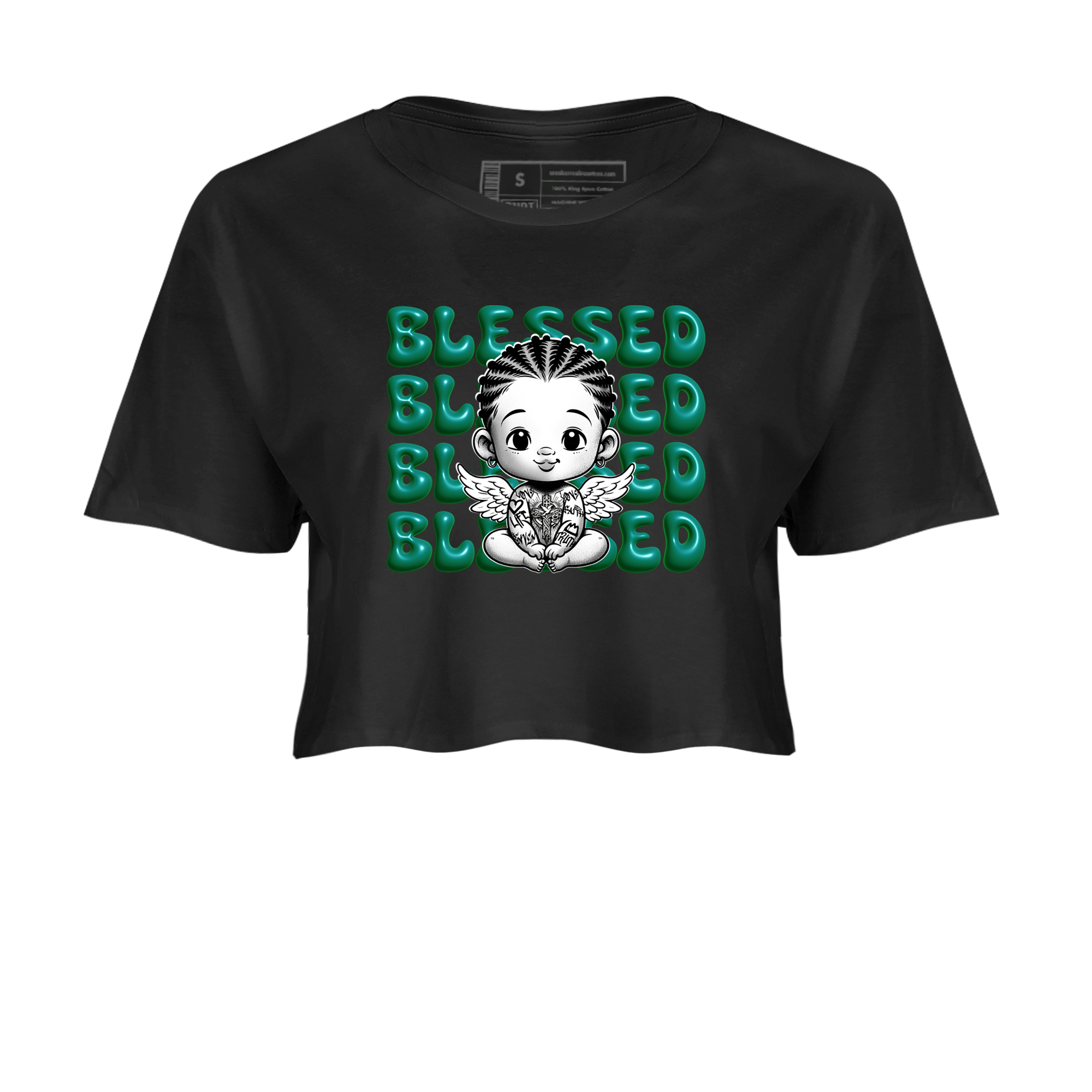 Air Jordan 4 Retro Oxidized Green shirts to match jordans Blessed Baby sneaker match tees Air Jordan 4 Oxidized Green Drip Gear Zone streetwear brand Black 2 crop tee