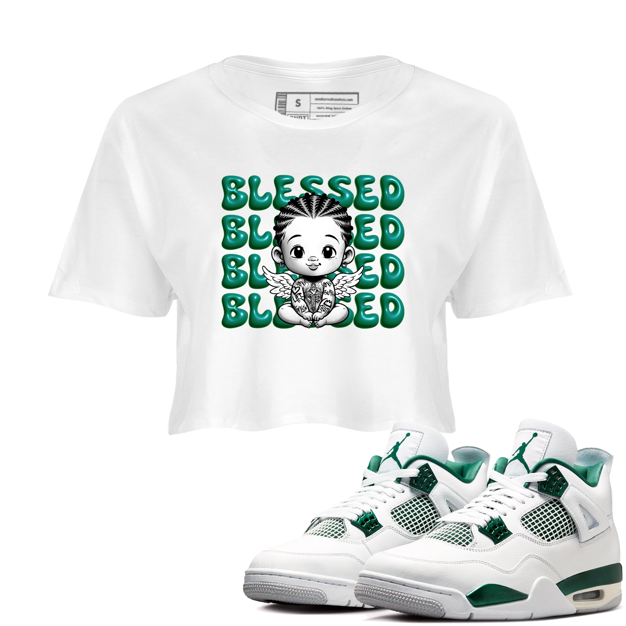 Air Jordan 4 Retro Oxidized Green shirts to match jordans Blessed Baby sneaker match tees Air Jordan 4 Oxidized Green Drip Gear Zone streetwear brand White 1 crop tee