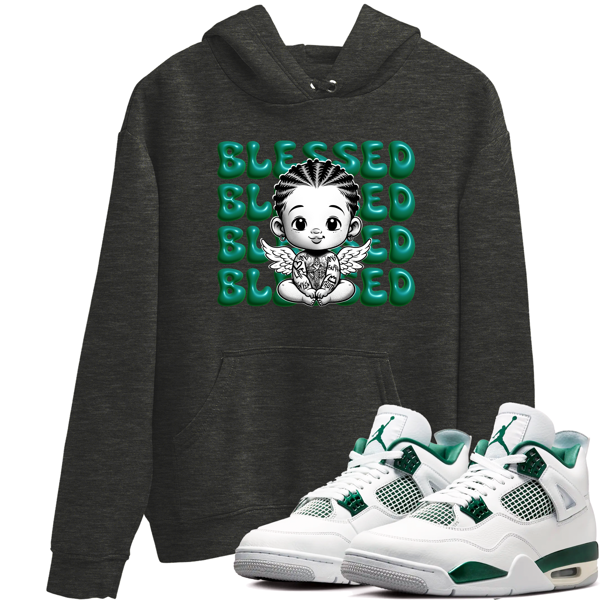 Air Jordan 4 Retro Oxidized Green shirts to match jordans Blessed Baby sneaker match tees Air Jordan 4 Oxidized Green Drip Gear Zone streetwear brand Charcoal Heather 1 unisex cotton tee