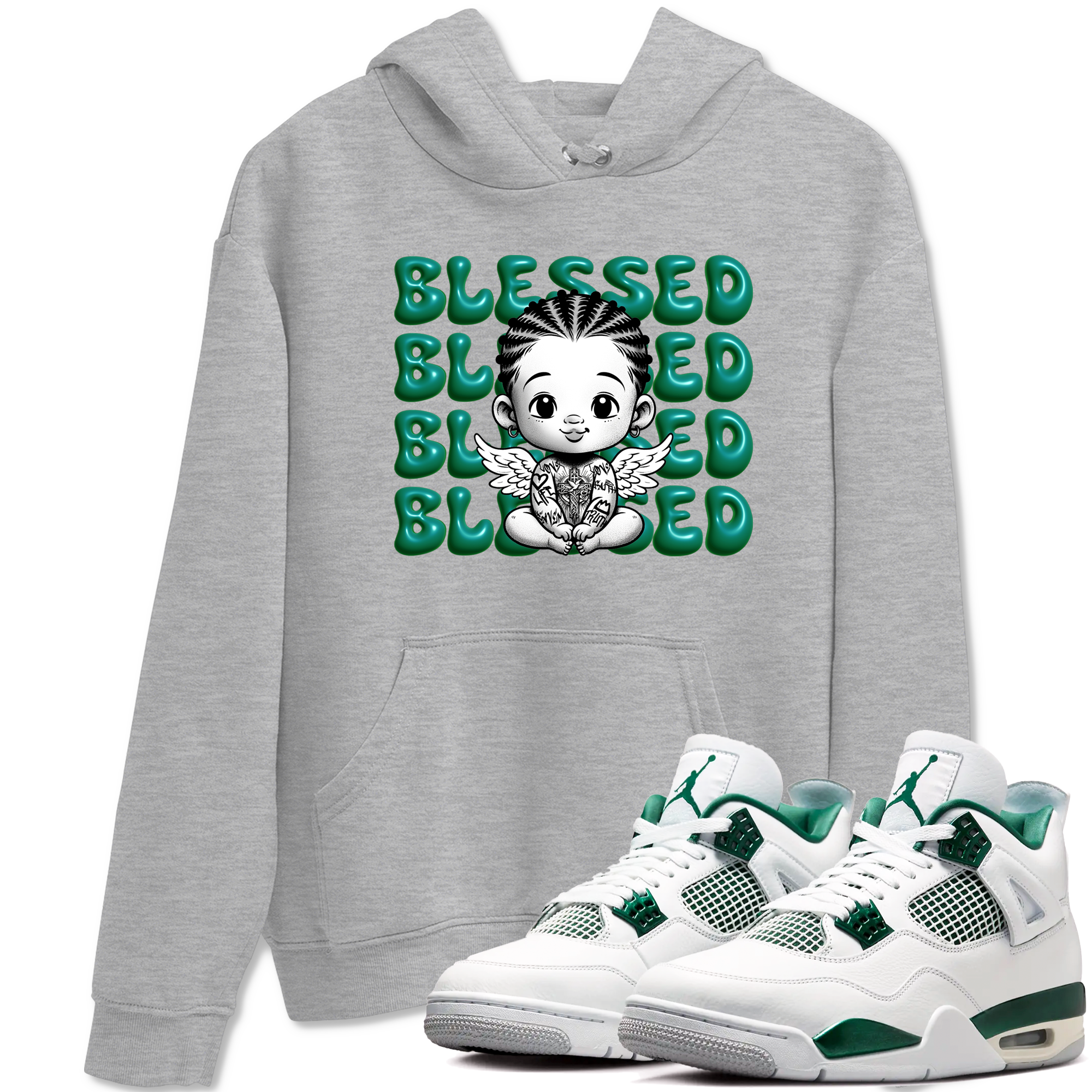 Air Jordan 4 Retro Oxidized Green shirts to match jordans Blessed Baby sneaker match tees Air Jordan 4 Oxidized Green Drip Gear Zone streetwear brand Heather Grey 1 unisex cotton tee