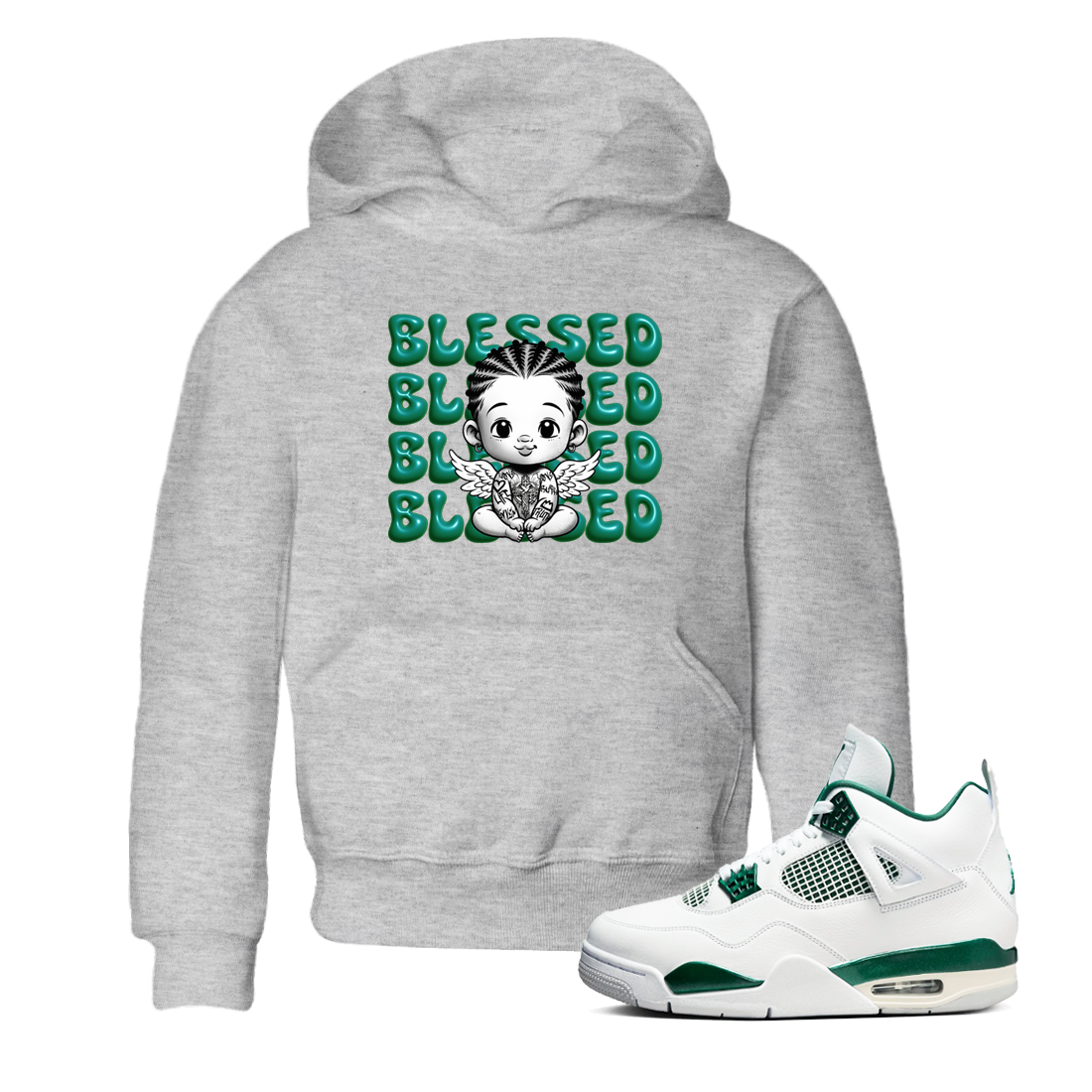 Air Jordan 4 Retro Oxidized Green shirts to match jordans Blessed Baby sneaker match tees Air Jordan 4 Oxidized Green Drip Gear Zone streetwear brand Baby and Youth Heather Grey 1 cotton tee