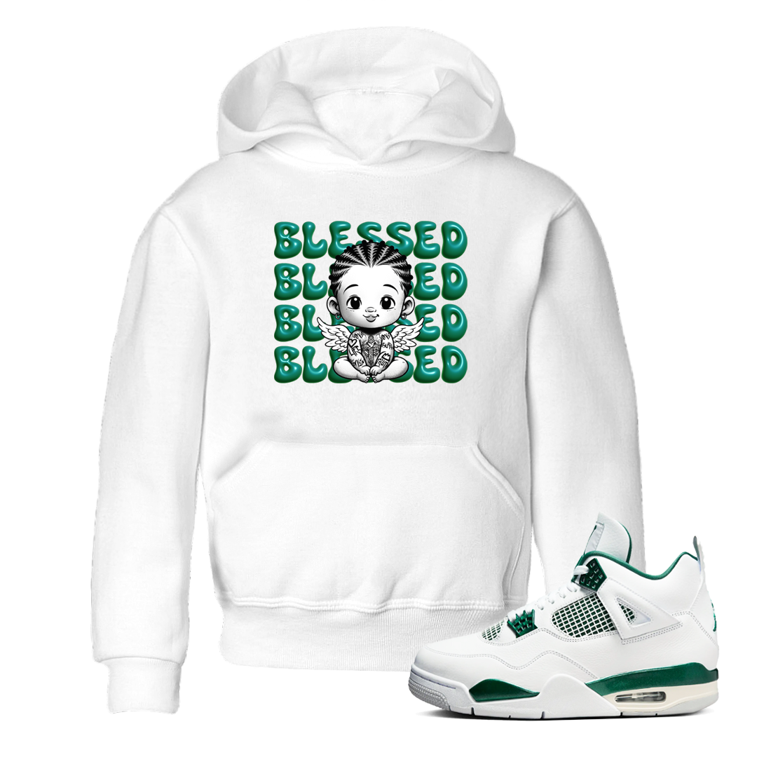 Air Jordan 4 Retro Oxidized Green shirts to match jordans Blessed Baby sneaker match tees Air Jordan 4 Oxidized Green Drip Gear Zone streetwear brand Baby and Youth White 1 cotton tee