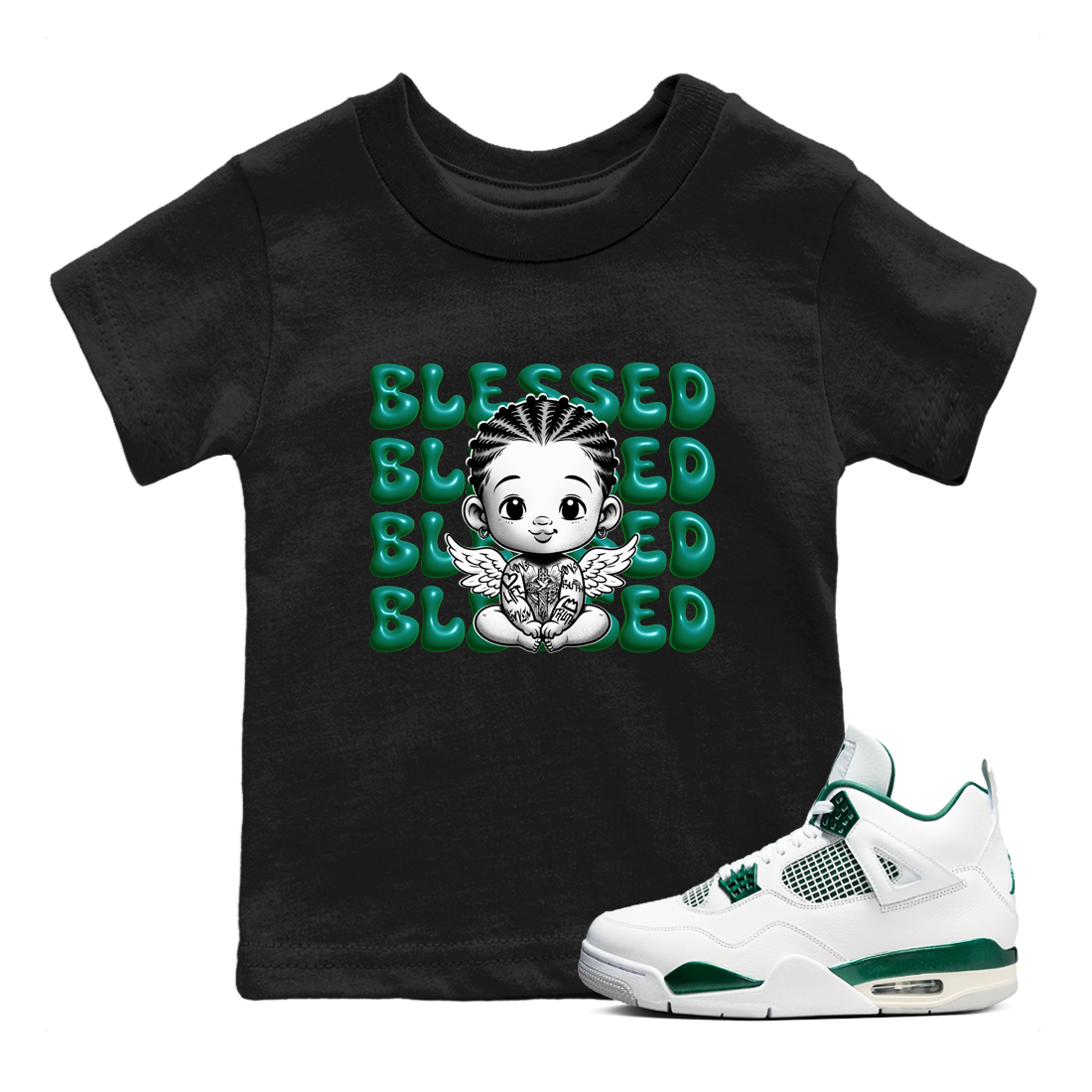 Air Jordan 4 Retro Oxidized Green shirts to match jordans Blessed Baby sneaker match tees Air Jordan 4 Oxidized Green Drip Gear Zone streetwear brand Baby and Youth Black 1 cotton tee