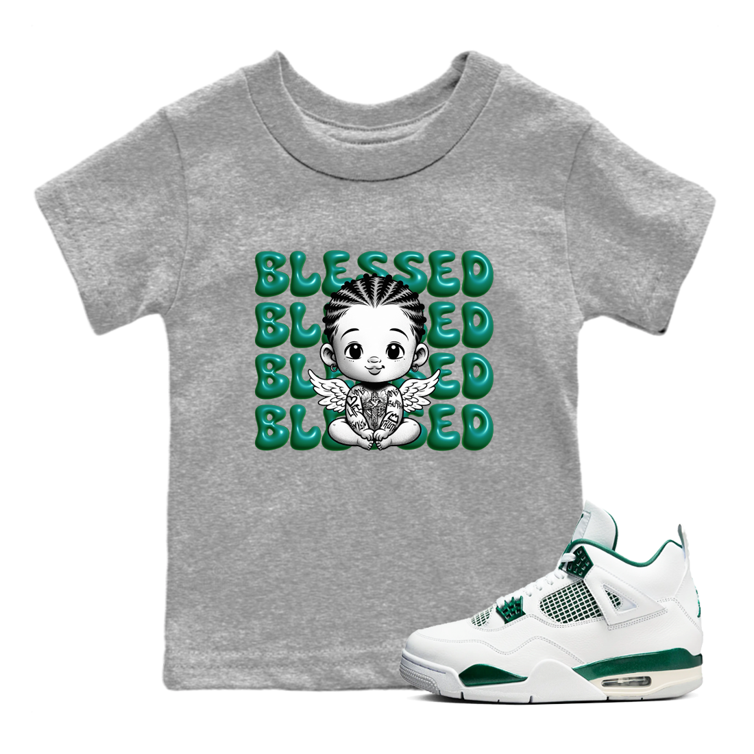Air Jordan 4 Retro Oxidized Green shirts to match jordans Blessed Baby sneaker match tees Air Jordan 4 Oxidized Green Drip Gear Zone streetwear brand Baby and Youth Heather Grey 1 cotton tee