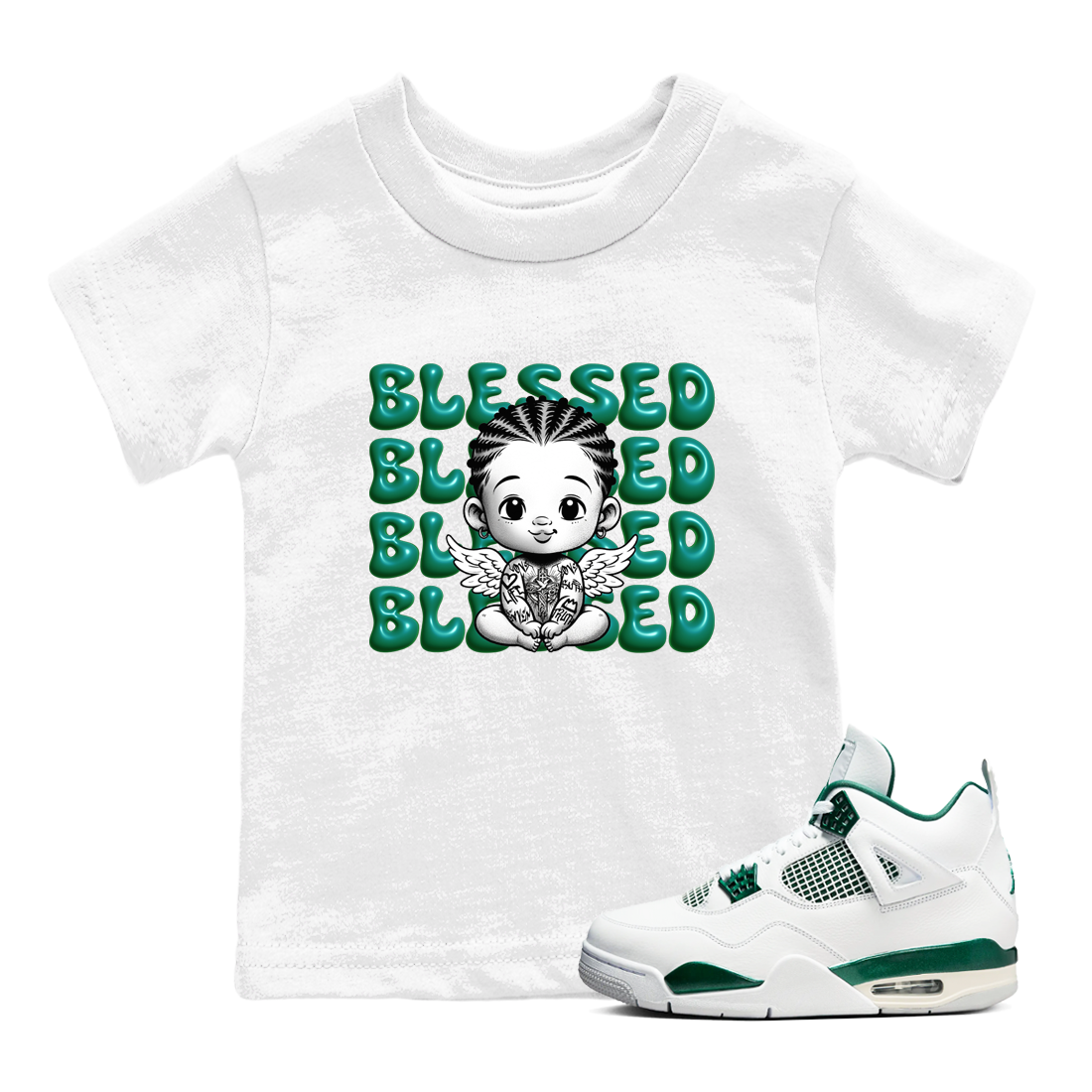 Air Jordan 4 Retro Oxidized Green shirts to match jordans Blessed Baby sneaker match tees Air Jordan 4 Oxidized Green Drip Gear Zone streetwear brand Baby and Youth White 1 cotton tee