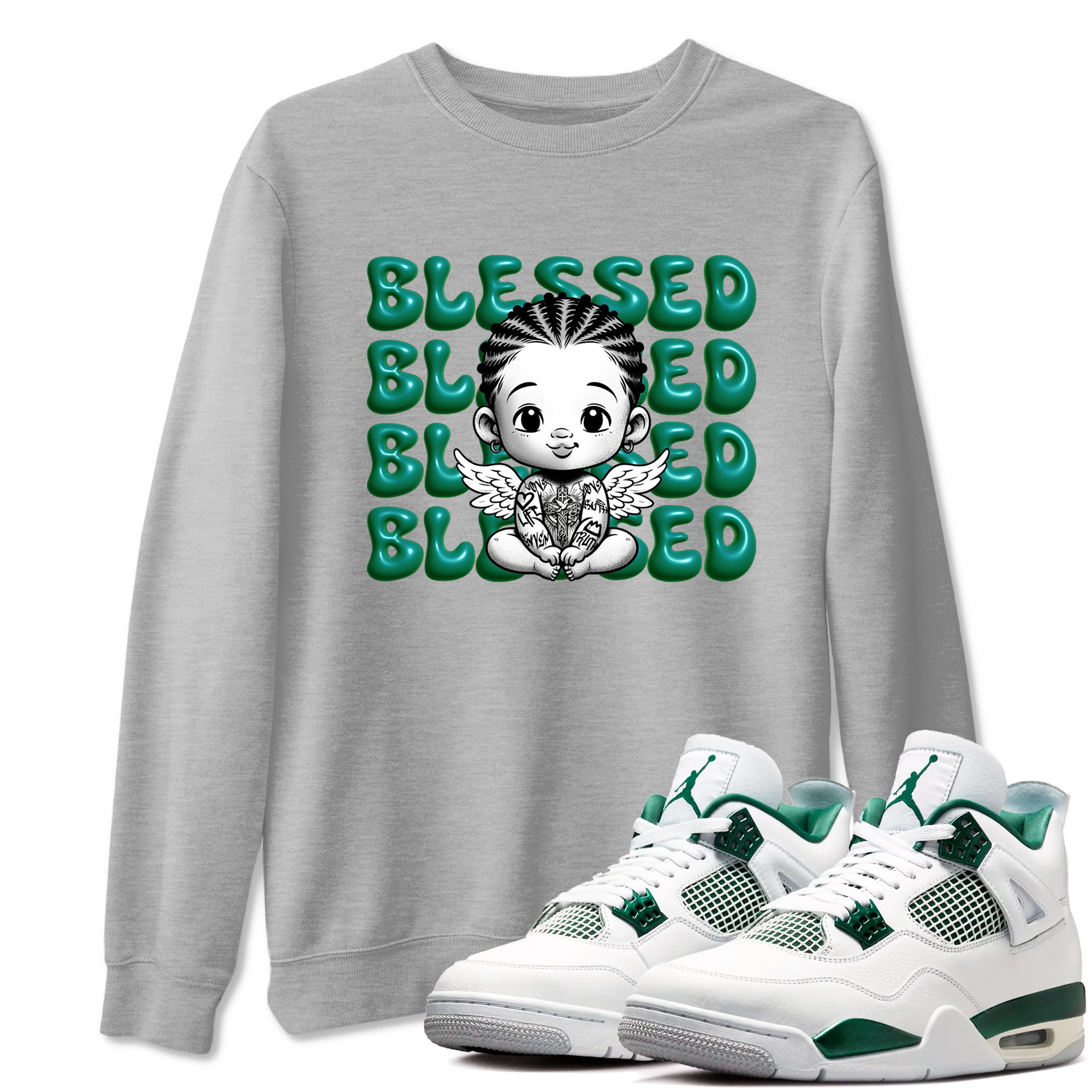 Air Jordan 4 Retro Oxidized Green shirts to match jordans Blessed Baby sneaker match tees Air Jordan 4 Oxidized Green Drip Gear Zone streetwear brand Heather Grey 1 unisex cotton tee