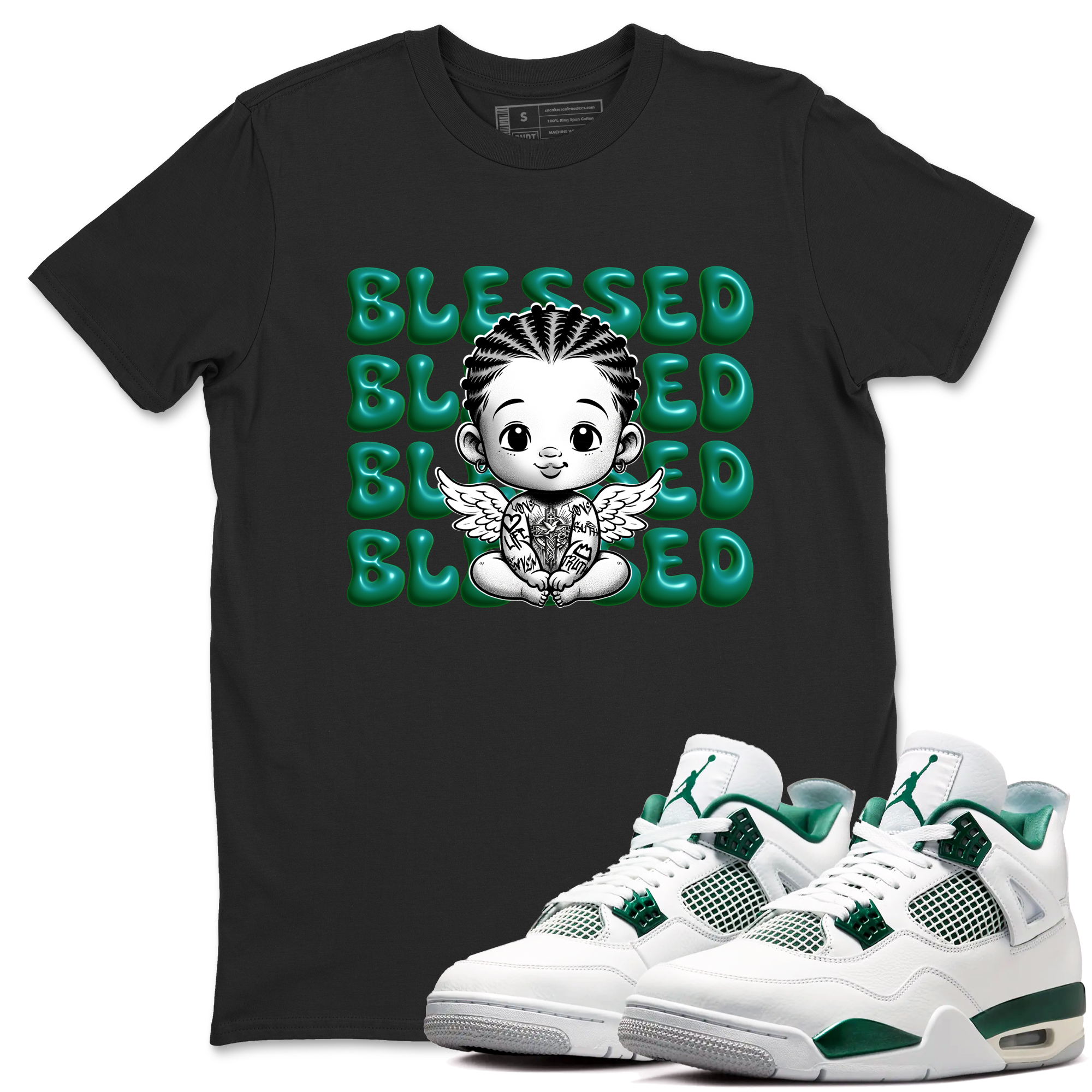 Air Jordan 4 Retro Oxidized Green shirts to match jordans Blessed Baby sneaker match tees Air Jordan 4 Oxidized Green Drip Gear Zone streetwear brand Black 1 unisex cotton tee