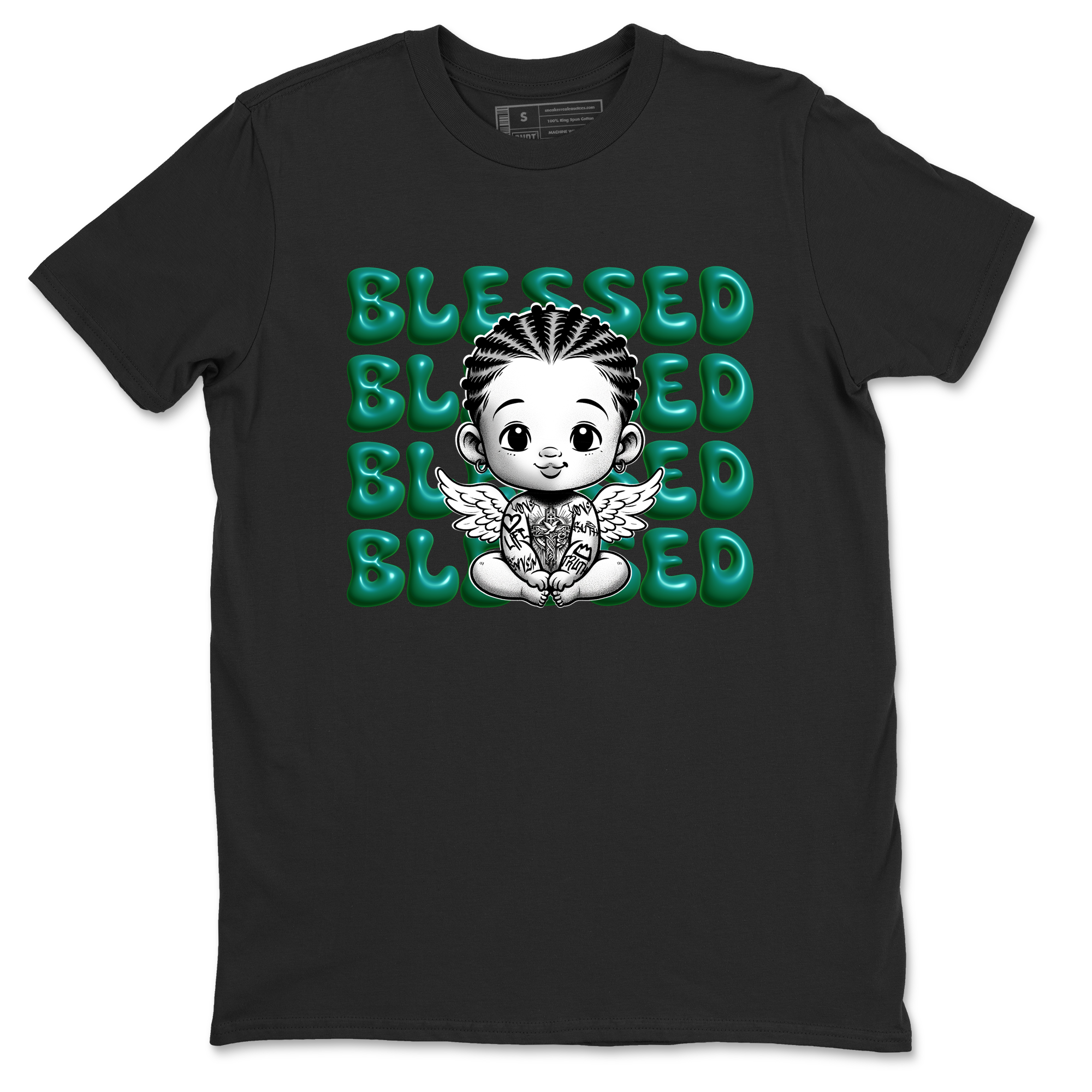 Air Jordan 4 Retro Oxidized Green shirts to match jordans Blessed Baby sneaker match tees Air Jordan 4 Oxidized Green Drip Gear Zone streetwear brand Black 2 unisex cotton tee