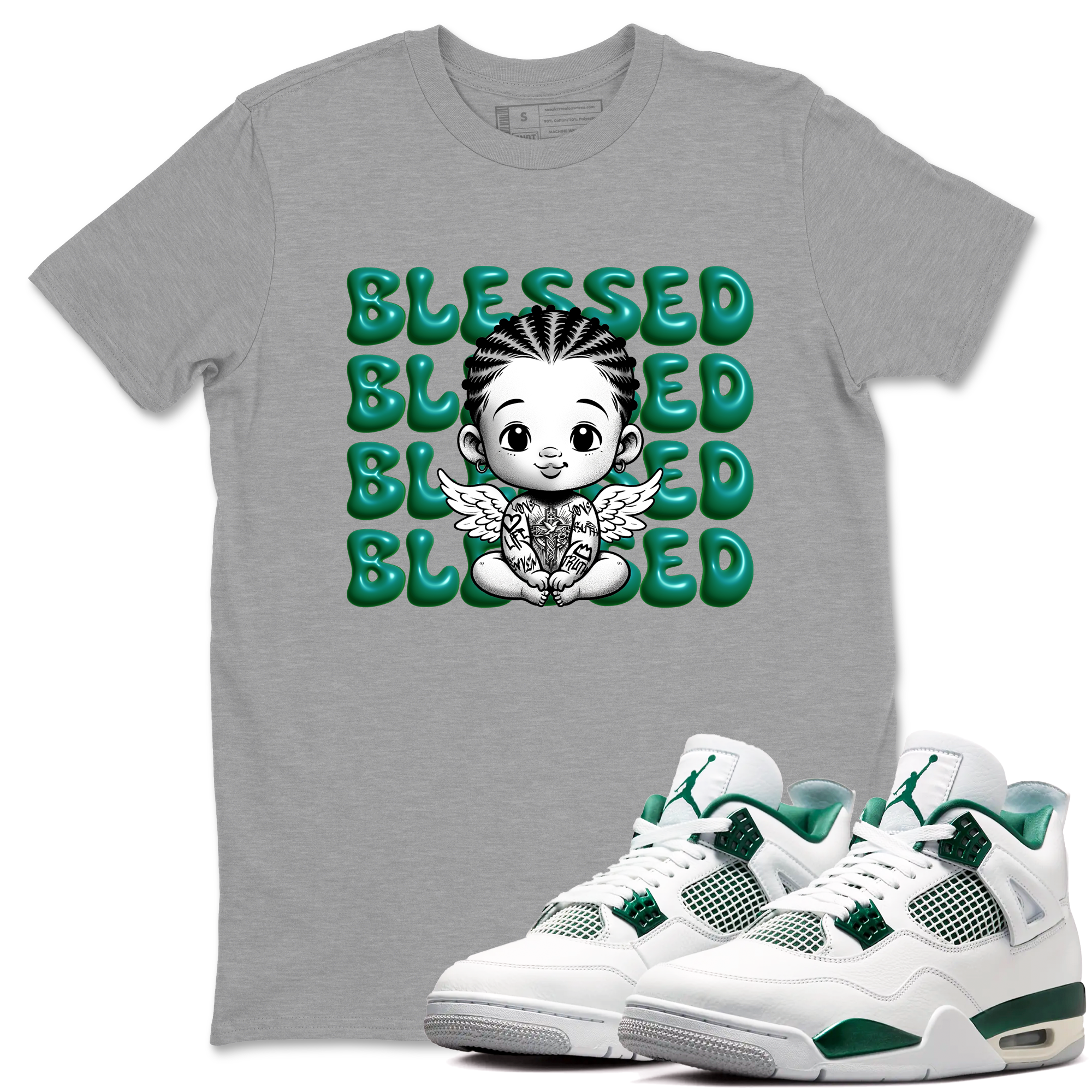 Air Jordan 4 Retro Oxidized Green shirts to match jordans Blessed Baby sneaker match tees Air Jordan 4 Oxidized Green Drip Gear Zone streetwear brand Heather Grey 1 unisex cotton tee