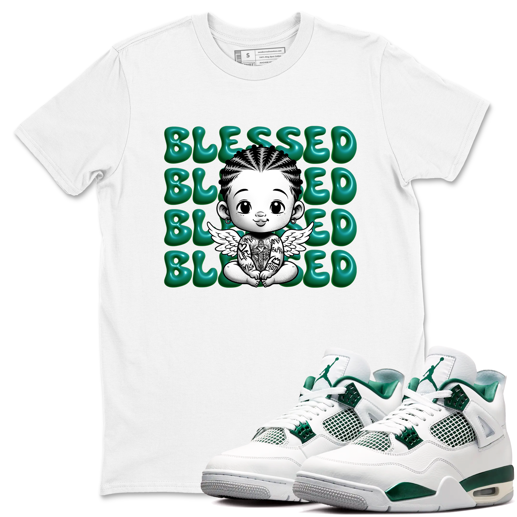 Air Jordan 4 Retro Oxidized Green shirts to match jordans Blessed Baby sneaker match tees Air Jordan 4 Oxidized Green Drip Gear Zone streetwear brand White 1 unisex cotton tee