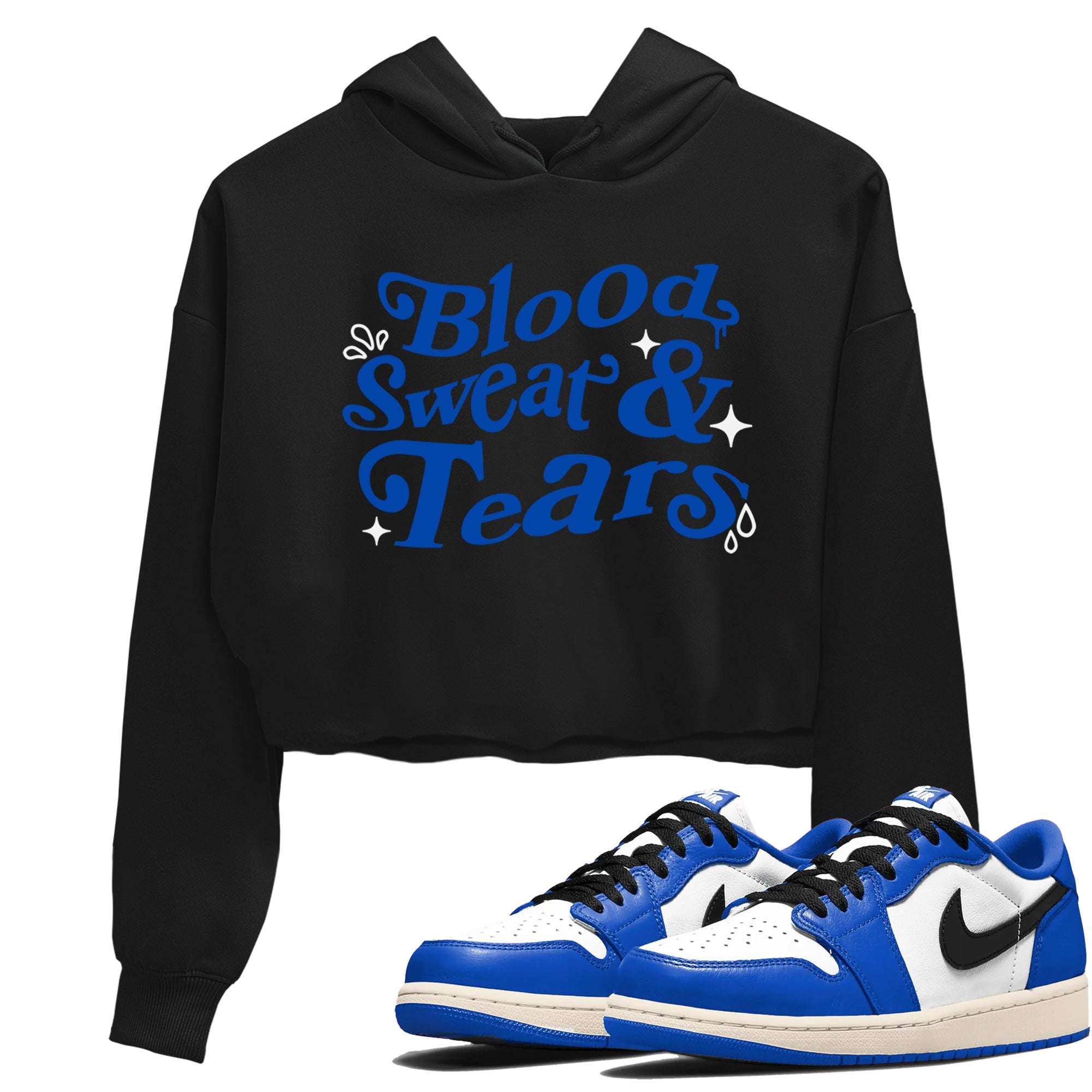 1s Game Royal shirts to match jordans Blood Sweat Tears sneaker match tees Air Jordan 1 Game Royal match shoes to clothes Drip Gear Zone unisex cotton Black 1 crop tee