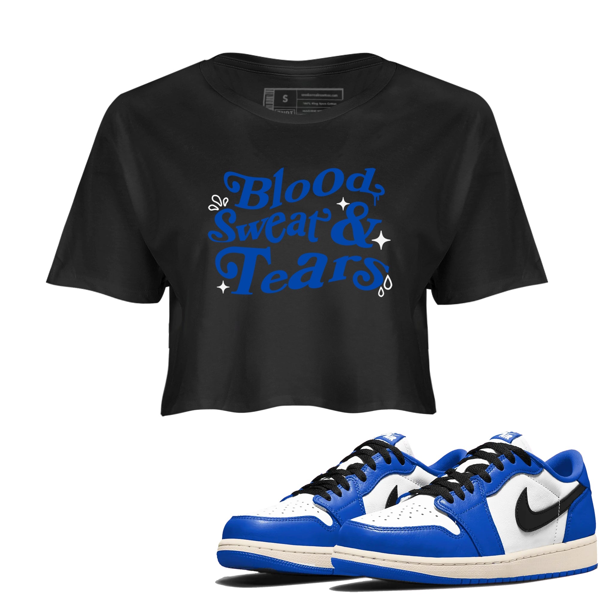 1s Game Royal shirts to match jordans Blood Sweat Tears sneaker match tees Air Jordan 1 Game Royal match shoes to clothes Drip Gear Zone unisex cotton Black 1 crop tee