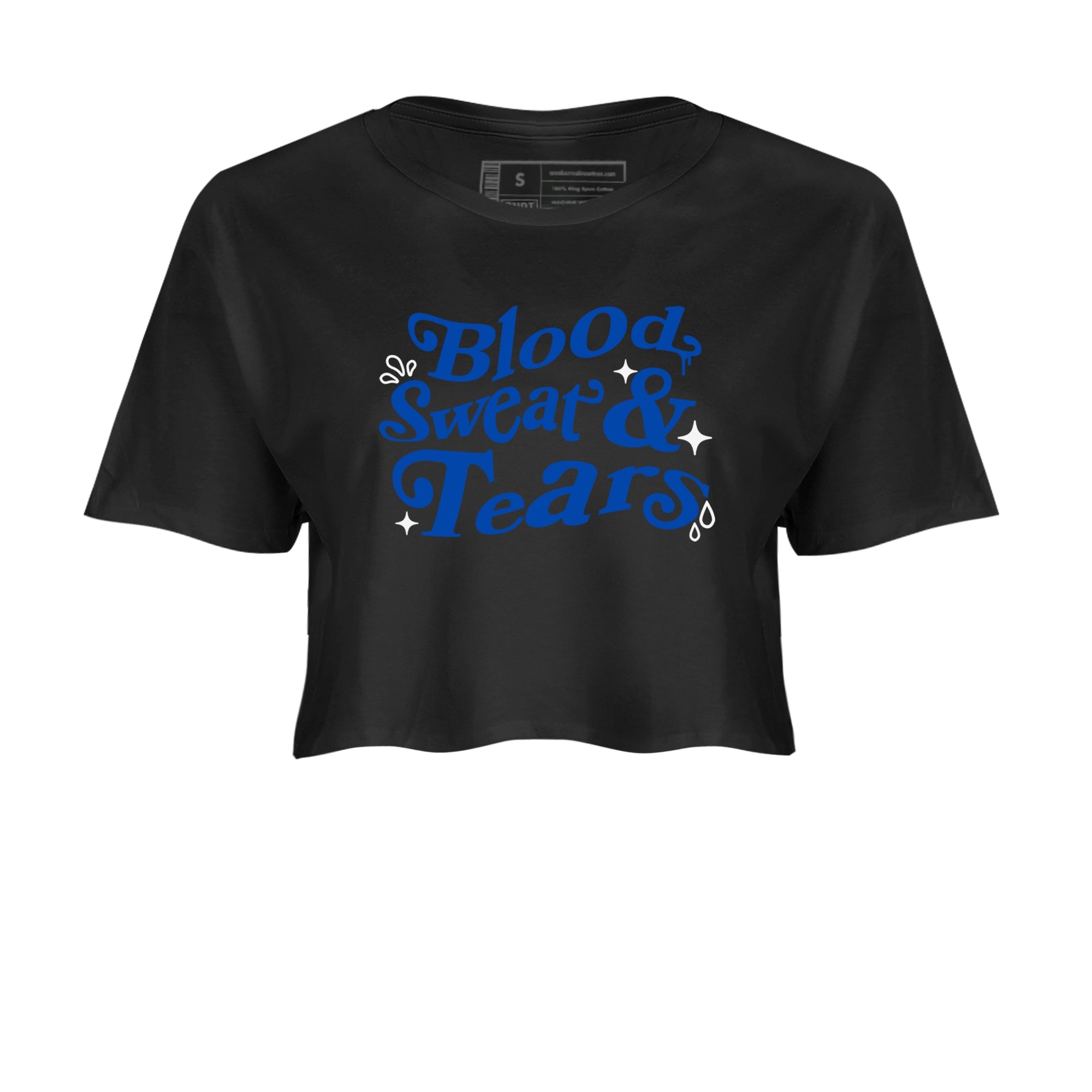 1s Game Royal shirts to match jordans Blood Sweat Tears sneaker match tees Air Jordan 1 Game Royal match shoes to clothes Drip Gear Zone unisex cotton Black 2 crop tee