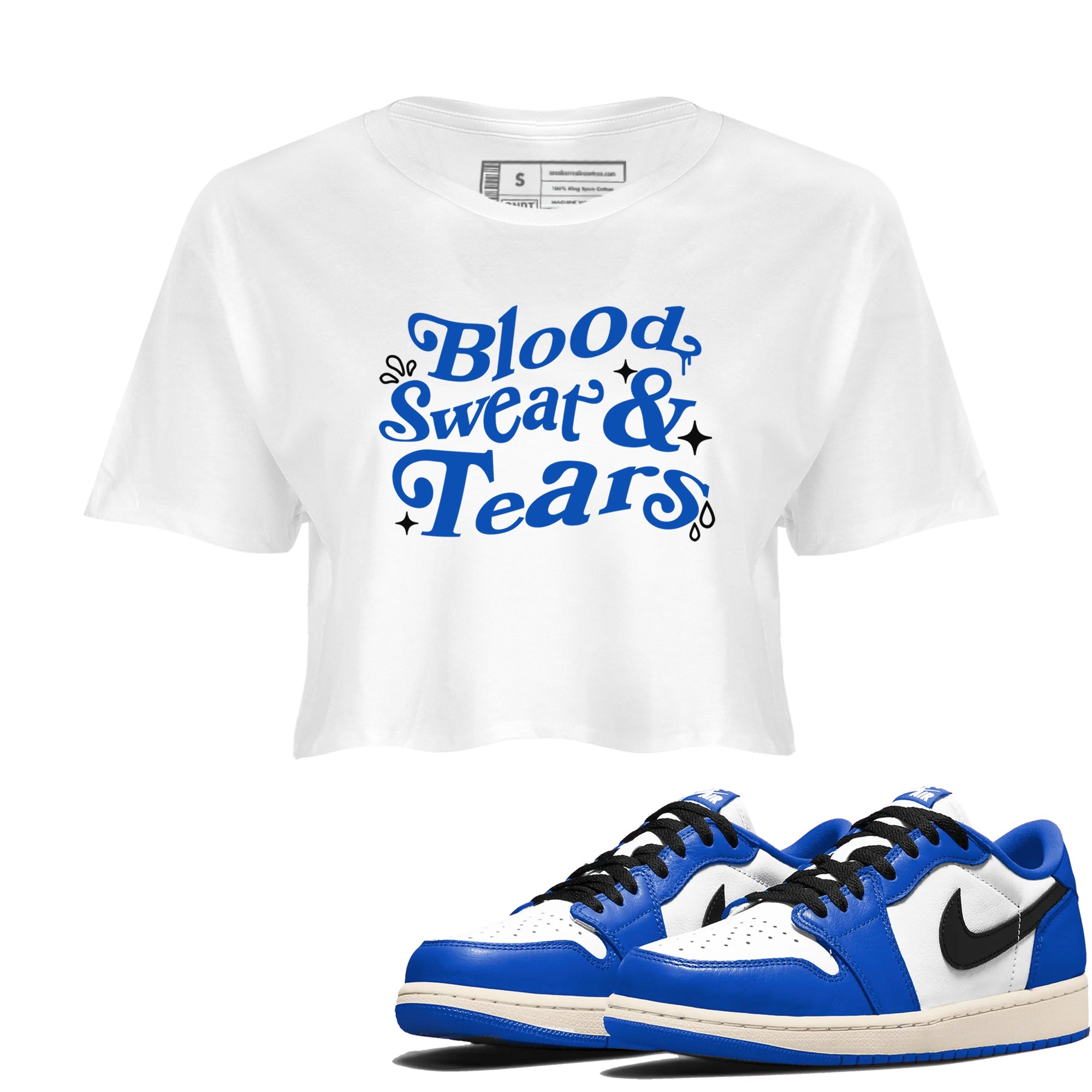 1s Game Royal shirts to match jordans Blood Sweat Tears sneaker match tees Air Jordan 1 Game Royal match shoes to clothes Drip Gear Zone unisex cotton White 1 crop tee